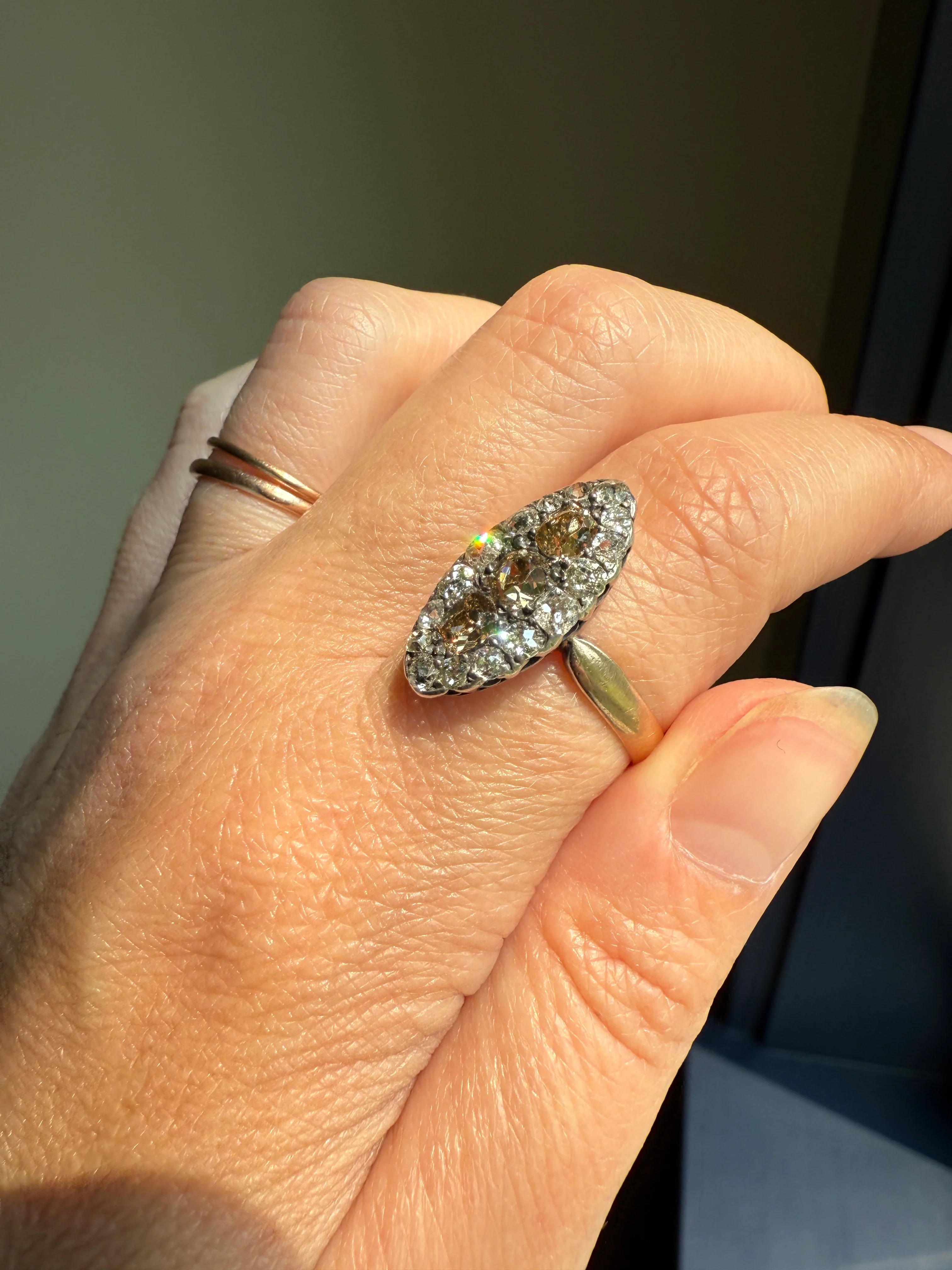Uncommon 2.25 Carat Fancy Brown & White Halo Old Mine Cut Diamond Navette Ring Oval Victorian Antique 18k Gold Silver - Image 13