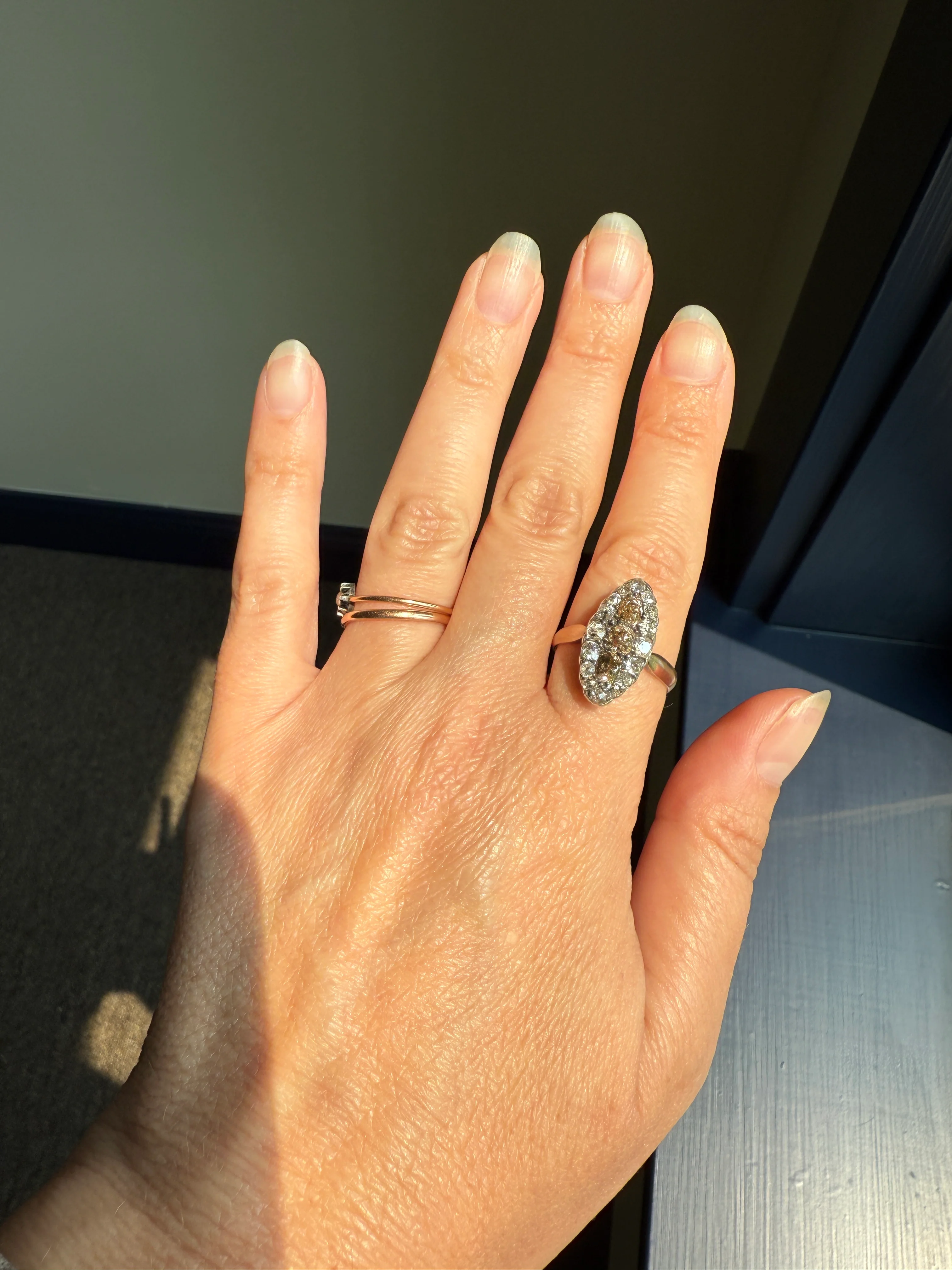 Uncommon 2.25 Carat Fancy Brown & White Halo Old Mine Cut Diamond Navette Ring Oval Victorian Antique 18k Gold Silver - Image 15