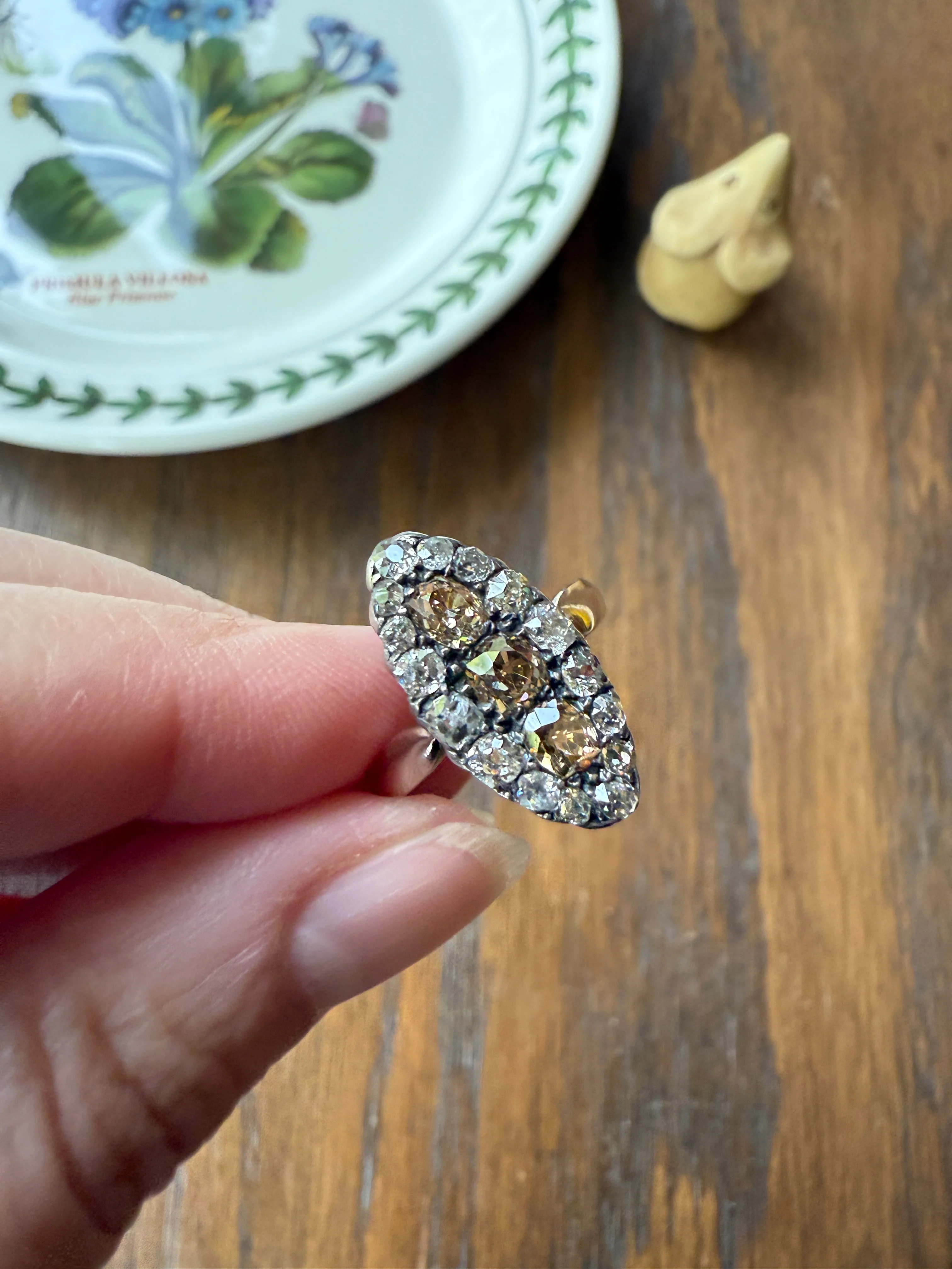 Uncommon 2.25 Carat Fancy Brown & White Halo Old Mine Cut Diamond Navette Ring Oval Victorian Antique 18k Gold Silver - Image 18