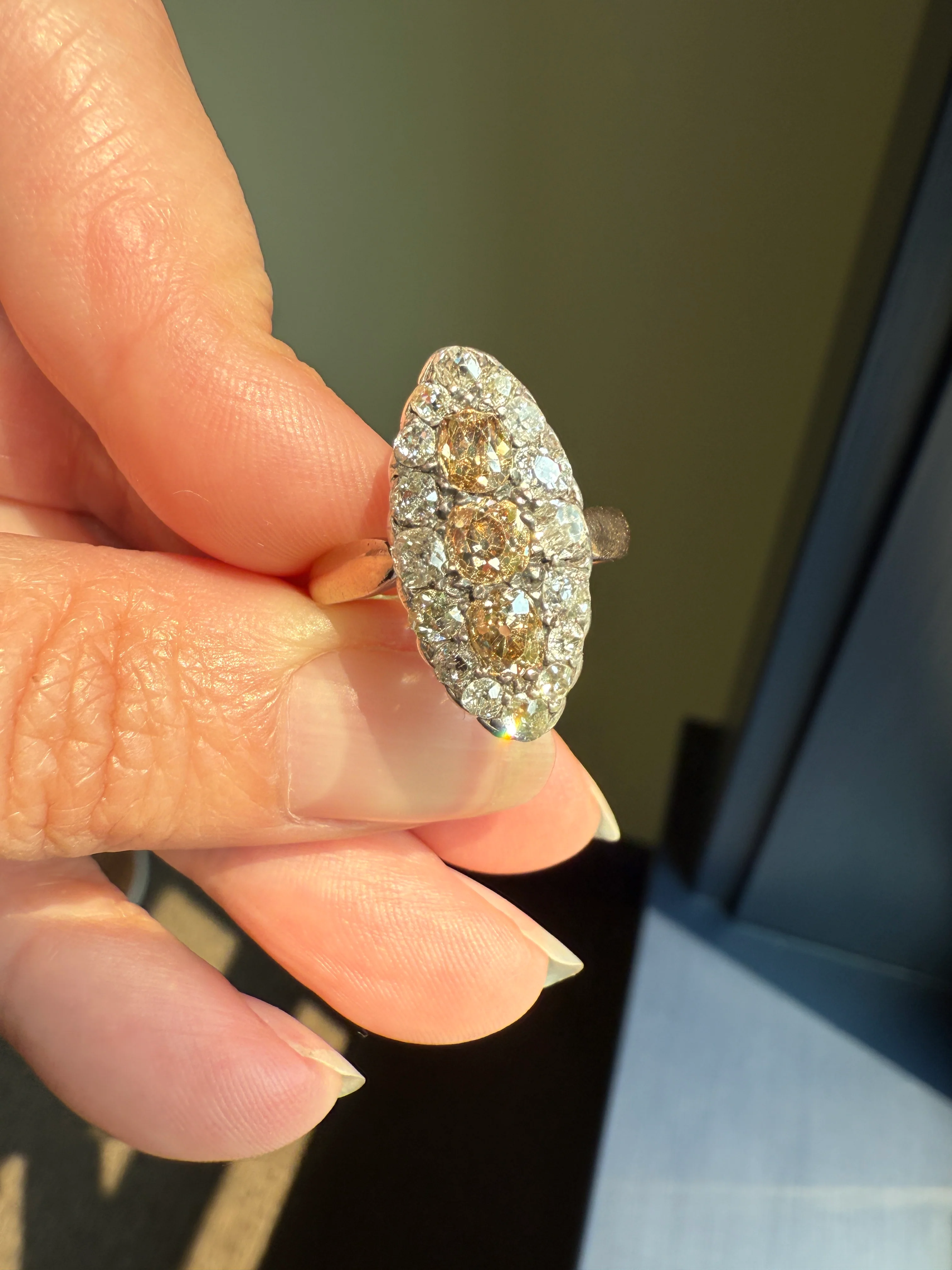 Uncommon 2.25 Carat Fancy Brown & White Halo Old Mine Cut Diamond Navette Ring Oval Victorian Antique 18k Gold Silver - Image 2