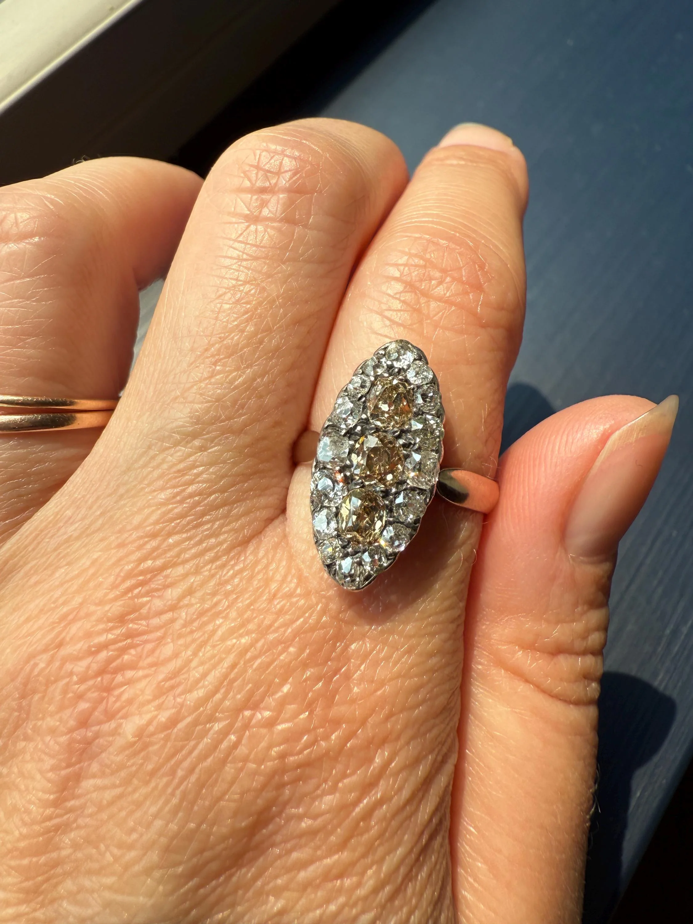 Uncommon 2.25 Carat Fancy Brown & White Halo Old Mine Cut Diamond Navette Ring Oval Victorian Antique 18k Gold Silver - Image 3