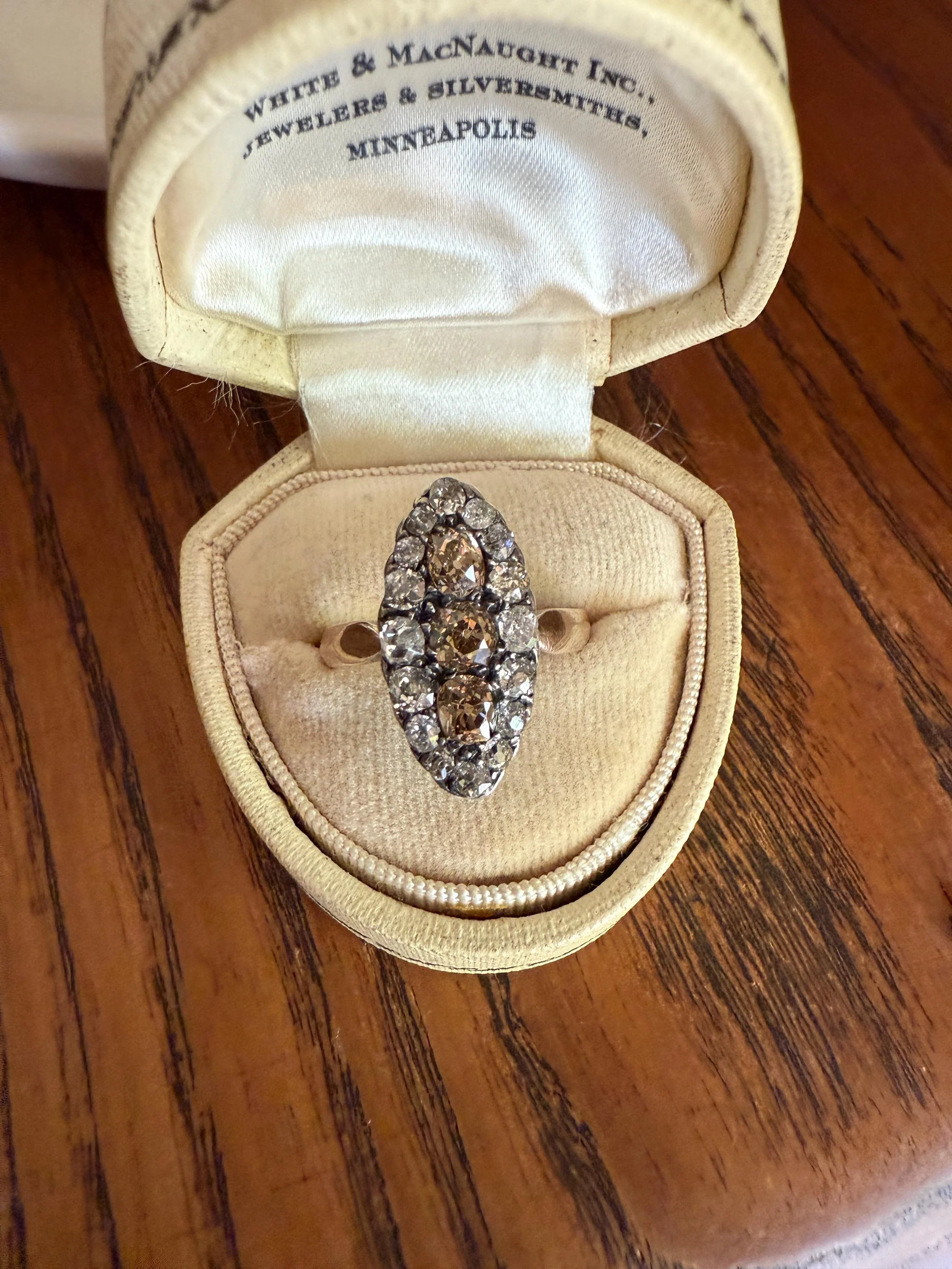 Uncommon 2.25 Carat Fancy Brown & White Halo Old Mine Cut Diamond Navette Ring Oval Victorian Antique 18k Gold Silver - Image 4