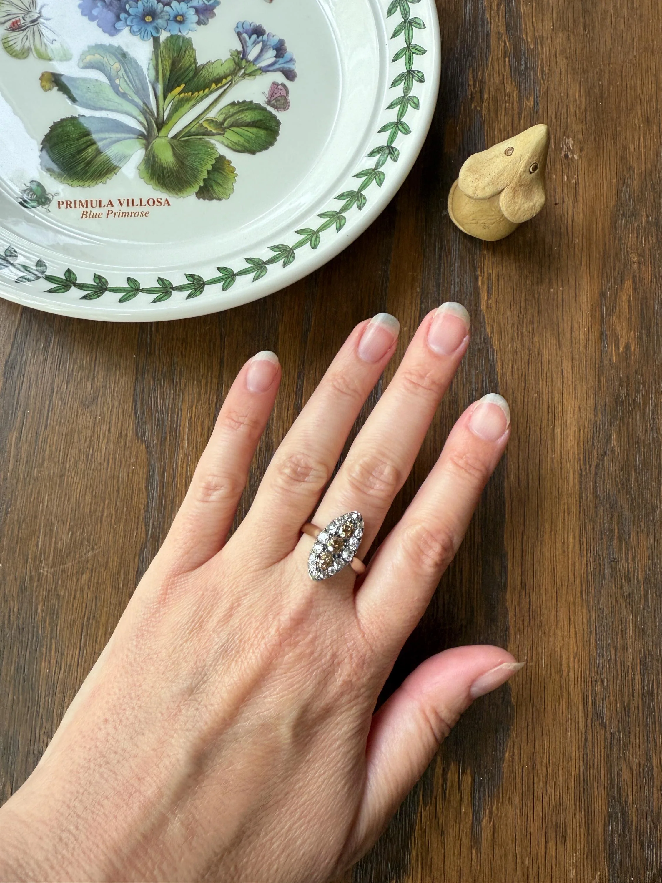 Uncommon 2.25 Carat Fancy Brown & White Halo Old Mine Cut Diamond Navette Ring Oval Victorian Antique 18k Gold Silver - Image 5