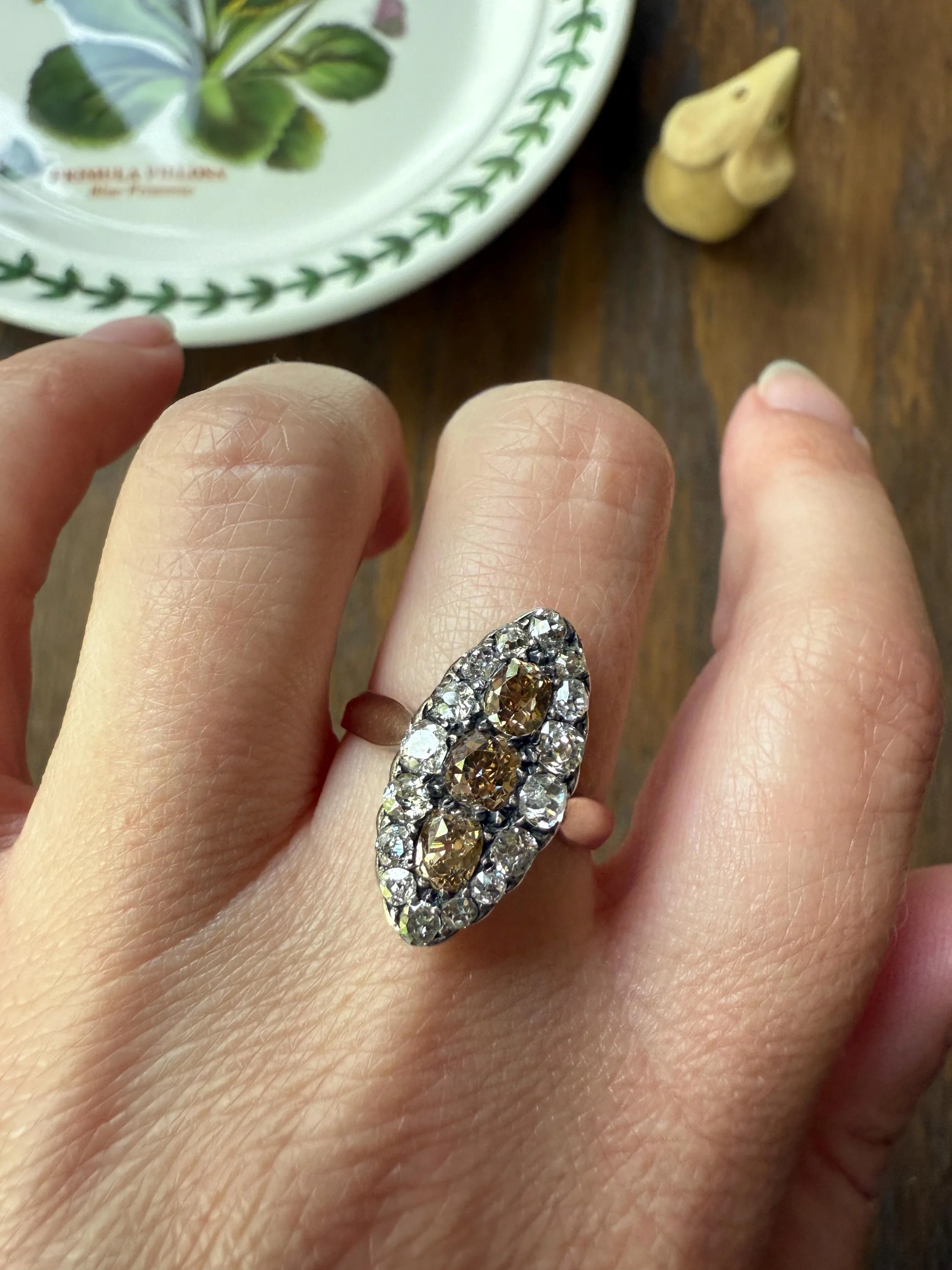 Uncommon 2.25 Carat Fancy Brown & White Halo Old Mine Cut Diamond Navette Ring Oval Victorian Antique 18k Gold Silver - Image 6