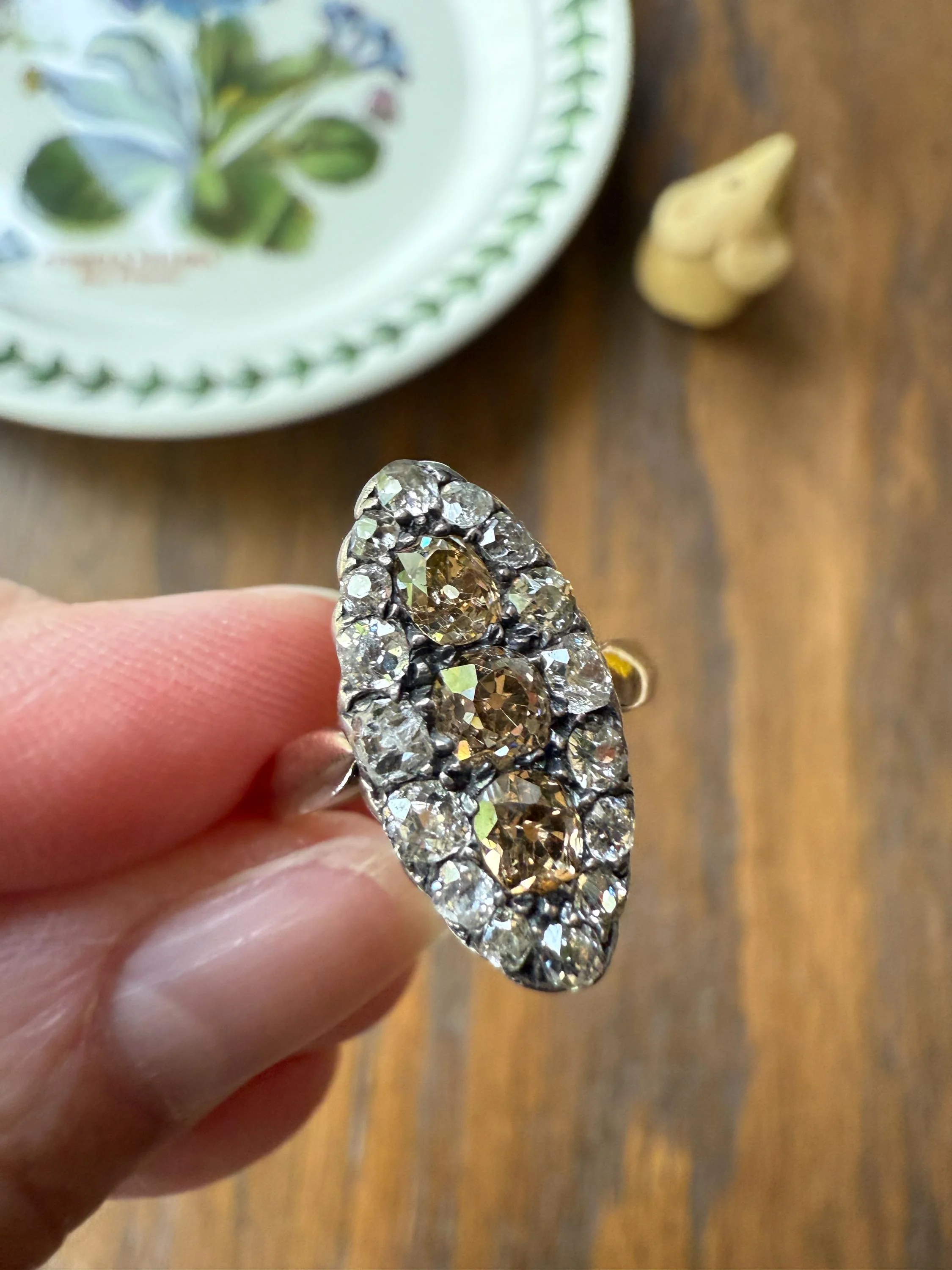 Uncommon 2.25 Carat Fancy Brown & White Halo Old Mine Cut Diamond Navette Ring Oval Victorian Antique 18k Gold Silver - Image 7