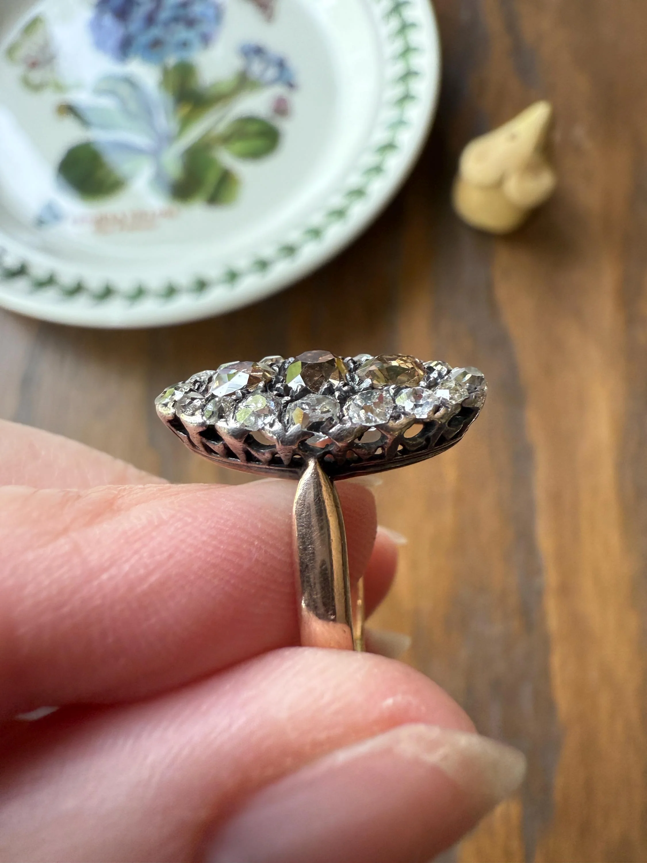 Uncommon 2.25 Carat Fancy Brown & White Halo Old Mine Cut Diamond Navette Ring Oval Victorian Antique 18k Gold Silver - Image 8