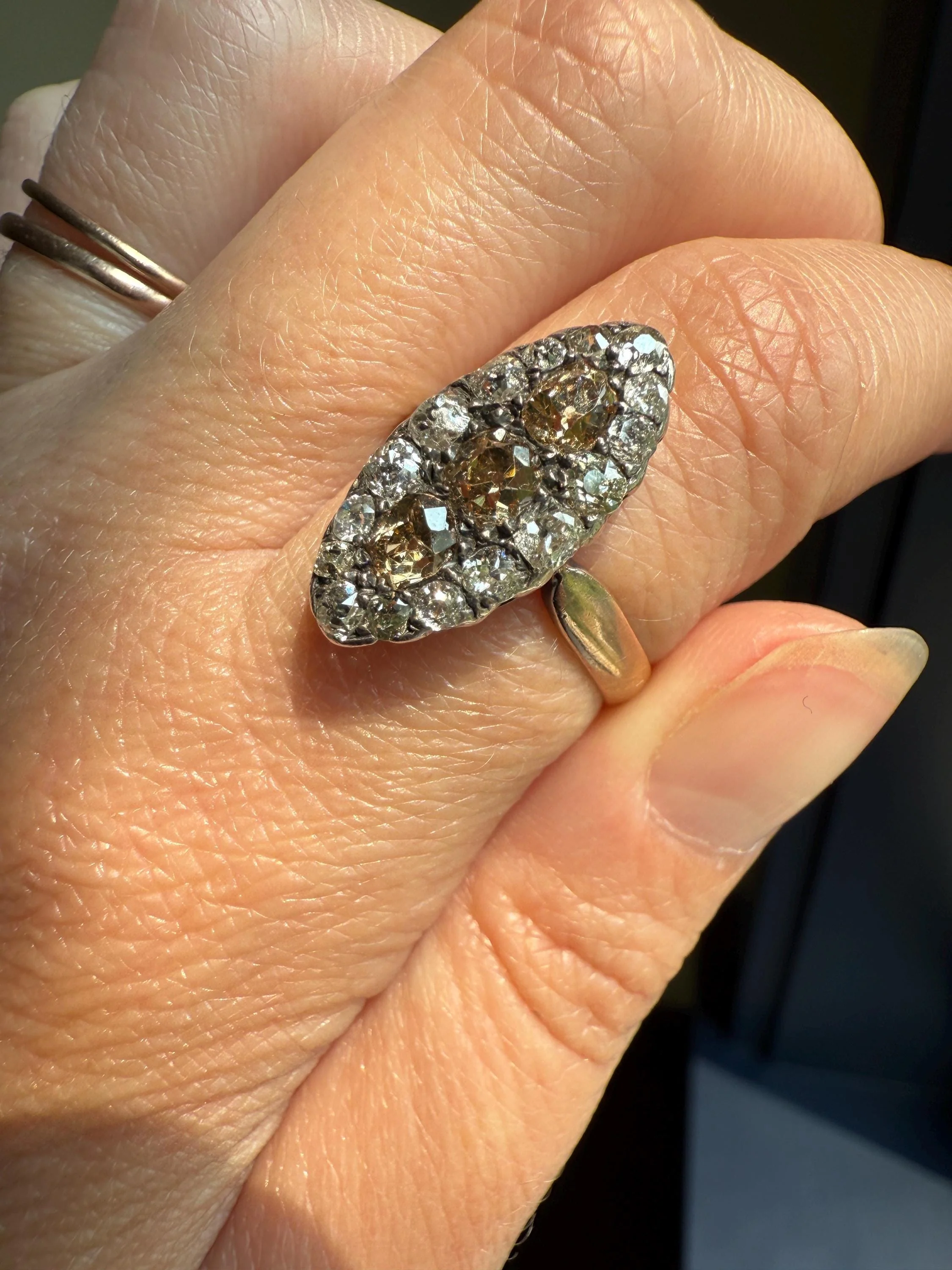 Uncommon 2.25 Carat Fancy Brown & White Halo Old Mine Cut Diamond Navette Ring Oval Victorian Antique 18k Gold Silver - Image 9