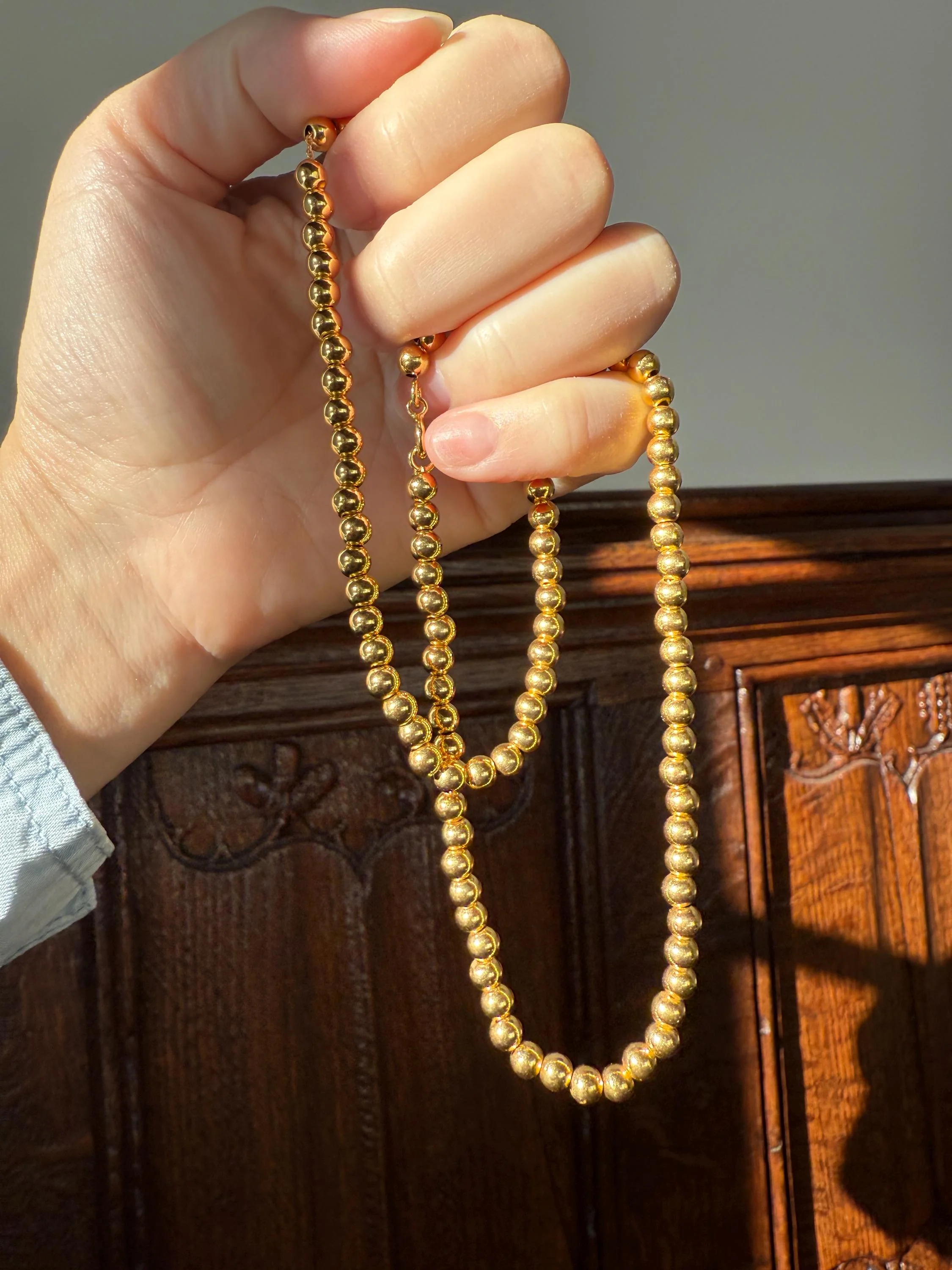 Uniform French Vintage 10.2g 18k GOLD Pearl Solid Traditional Marseille Chain Necklace Smaller Beads 18" Collar Neckmess Staple - Image 2