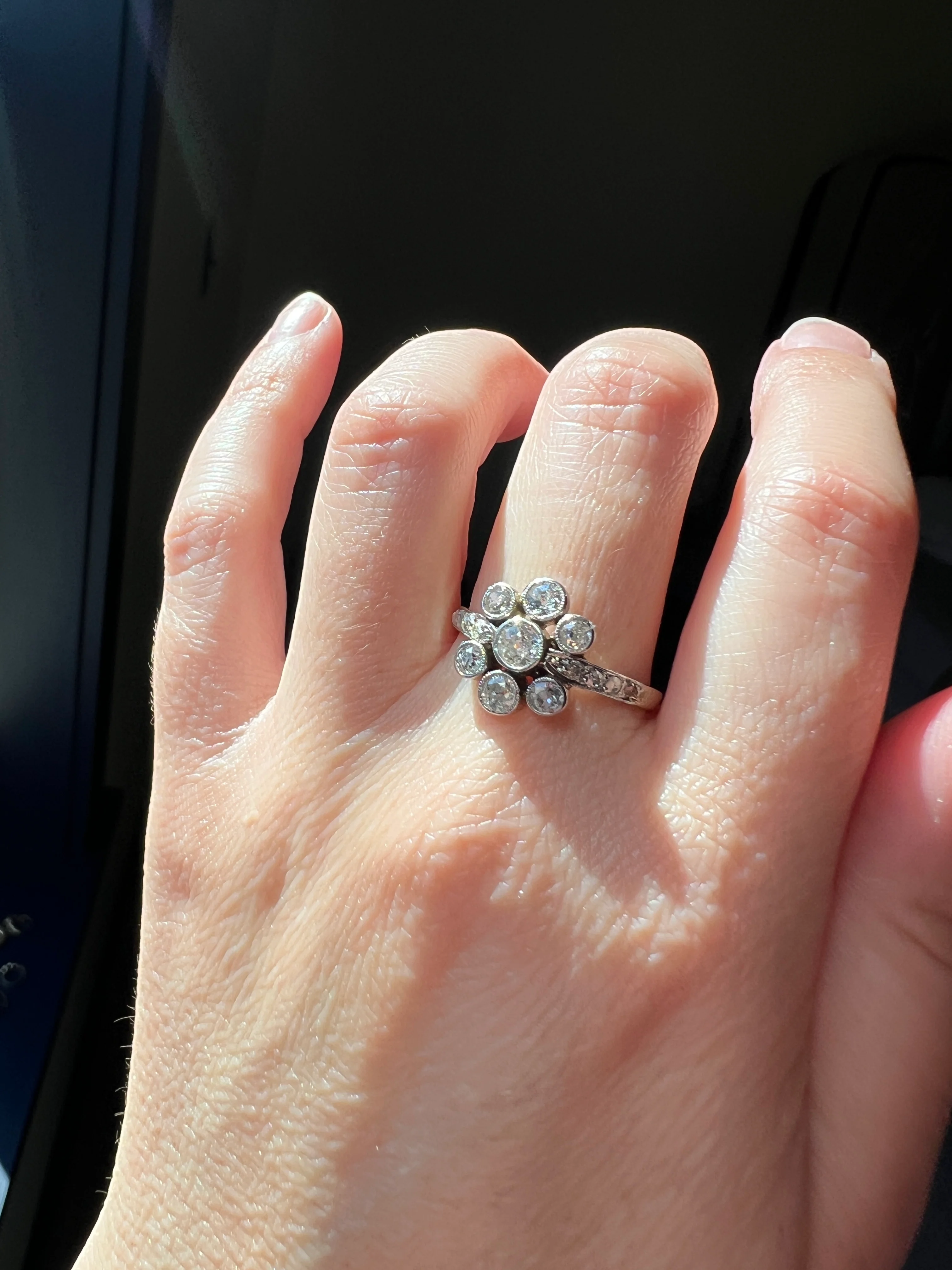 Unique 1 Carat Antique Rose & Old Mine Cut DIAMOND Seven Stone Cluster Ring 18k White Gold French Art Deco Bezel Set Halo - Image 12