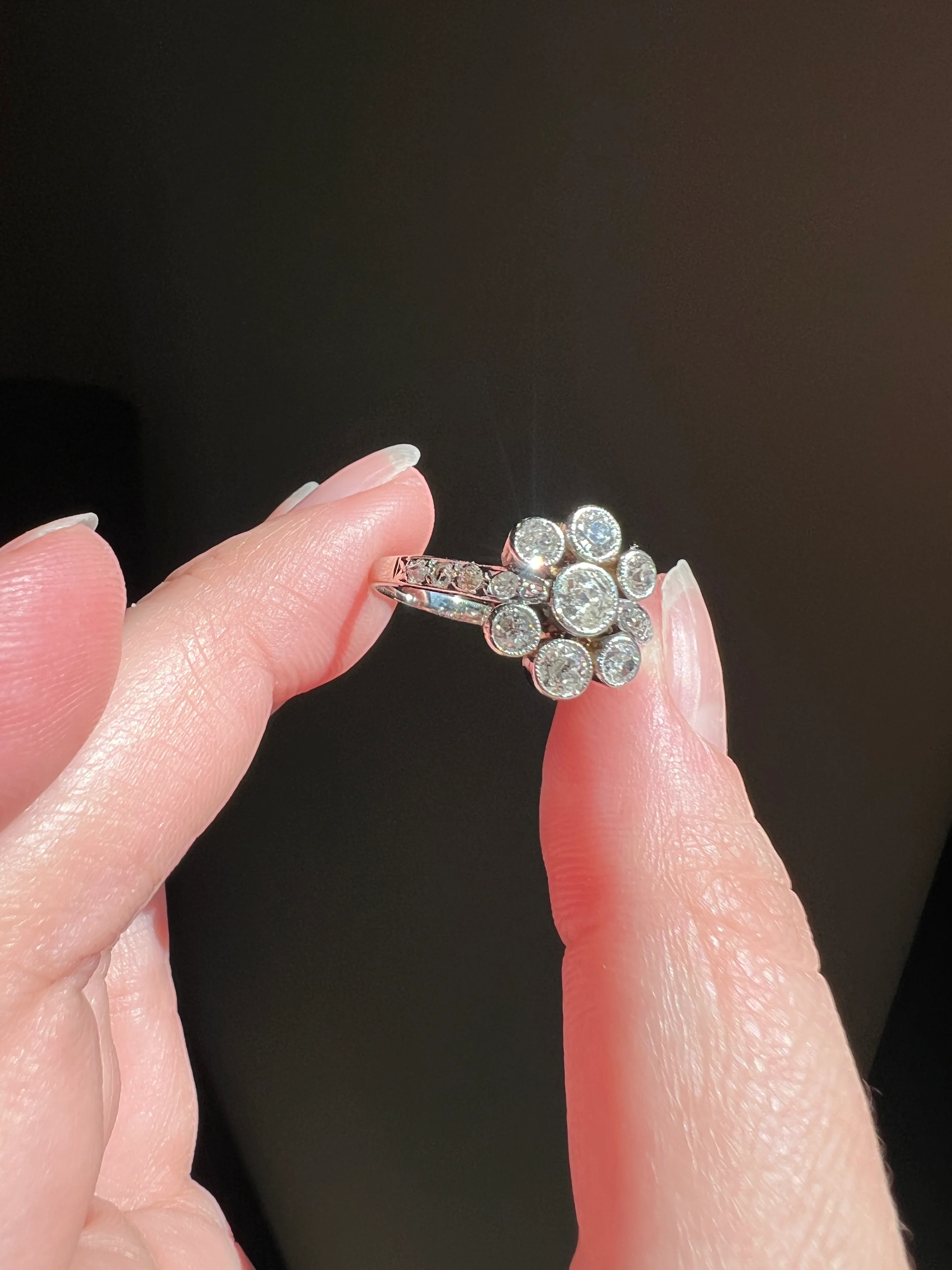 Unique 1 Carat Antique Rose & Old Mine Cut DIAMOND Seven Stone Cluster Ring 18k White Gold French Art Deco Bezel Set Halo - Image 13