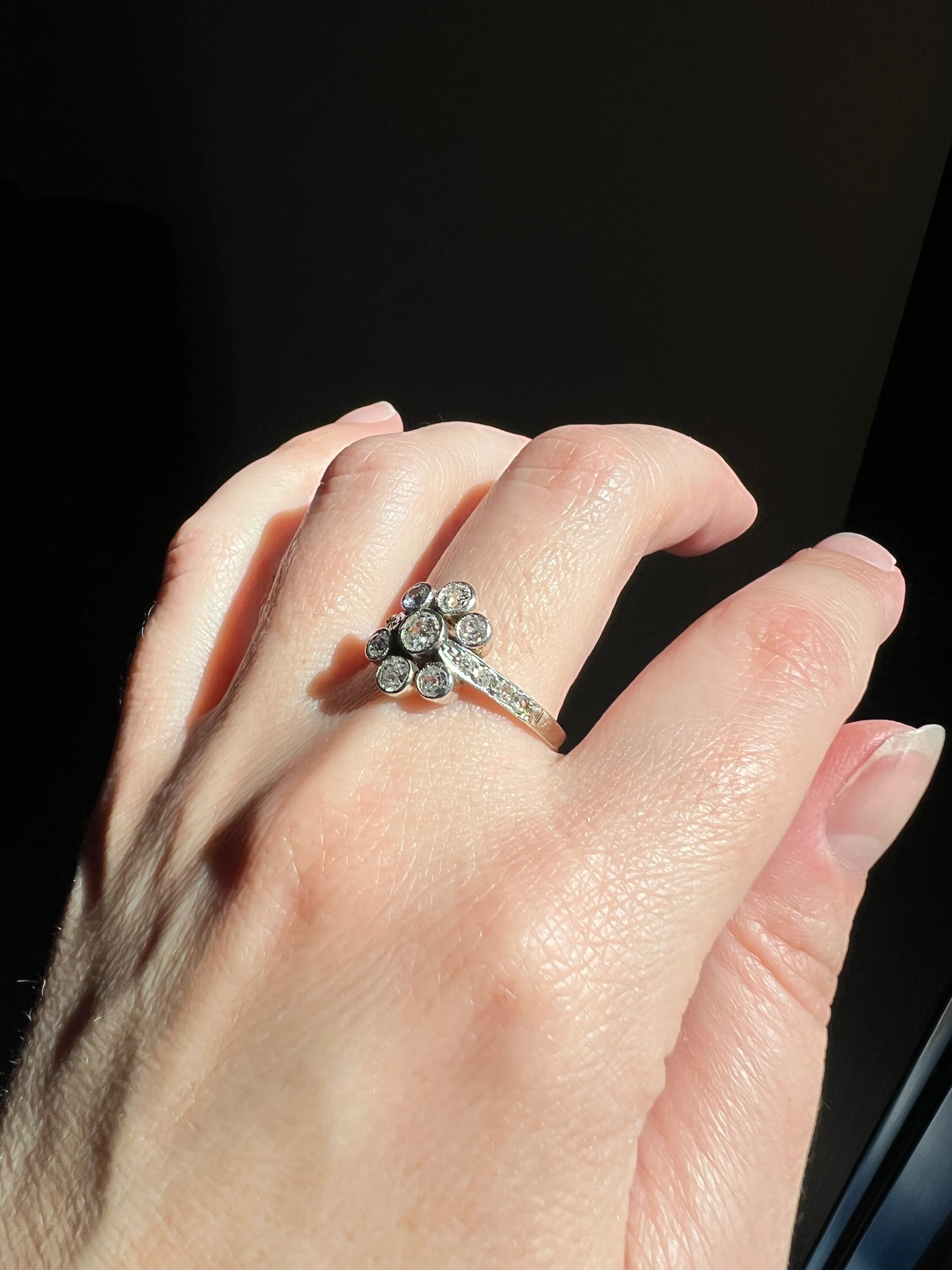 Unique 1 Carat Antique Rose & Old Mine Cut DIAMOND Seven Stone Cluster Ring 18k White Gold French Art Deco Bezel Set Halo - Image 14