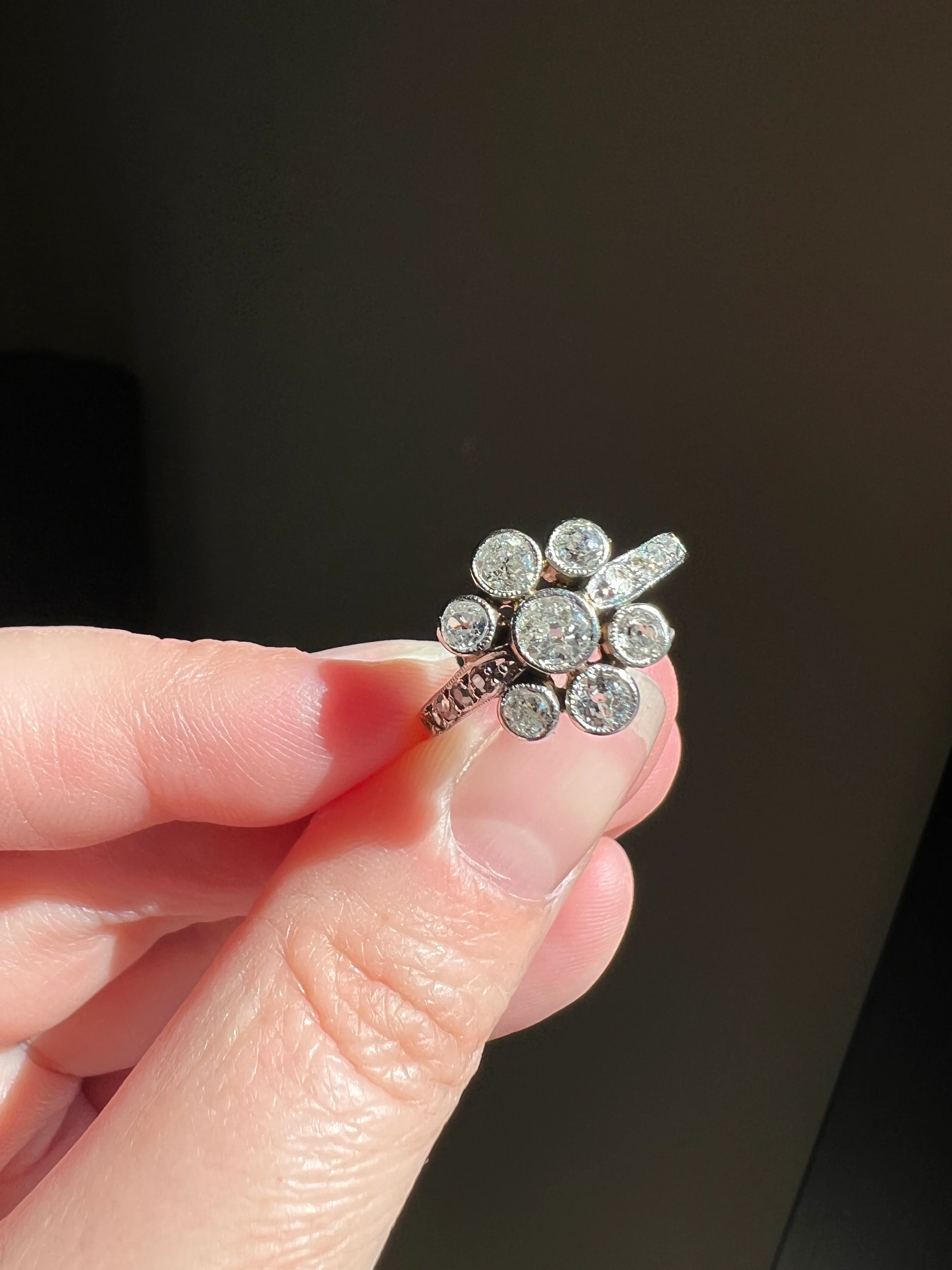Unique 1 Carat Antique Rose & Old Mine Cut DIAMOND Seven Stone Cluster Ring 18k White Gold French Art Deco Bezel Set Halo - Image 15