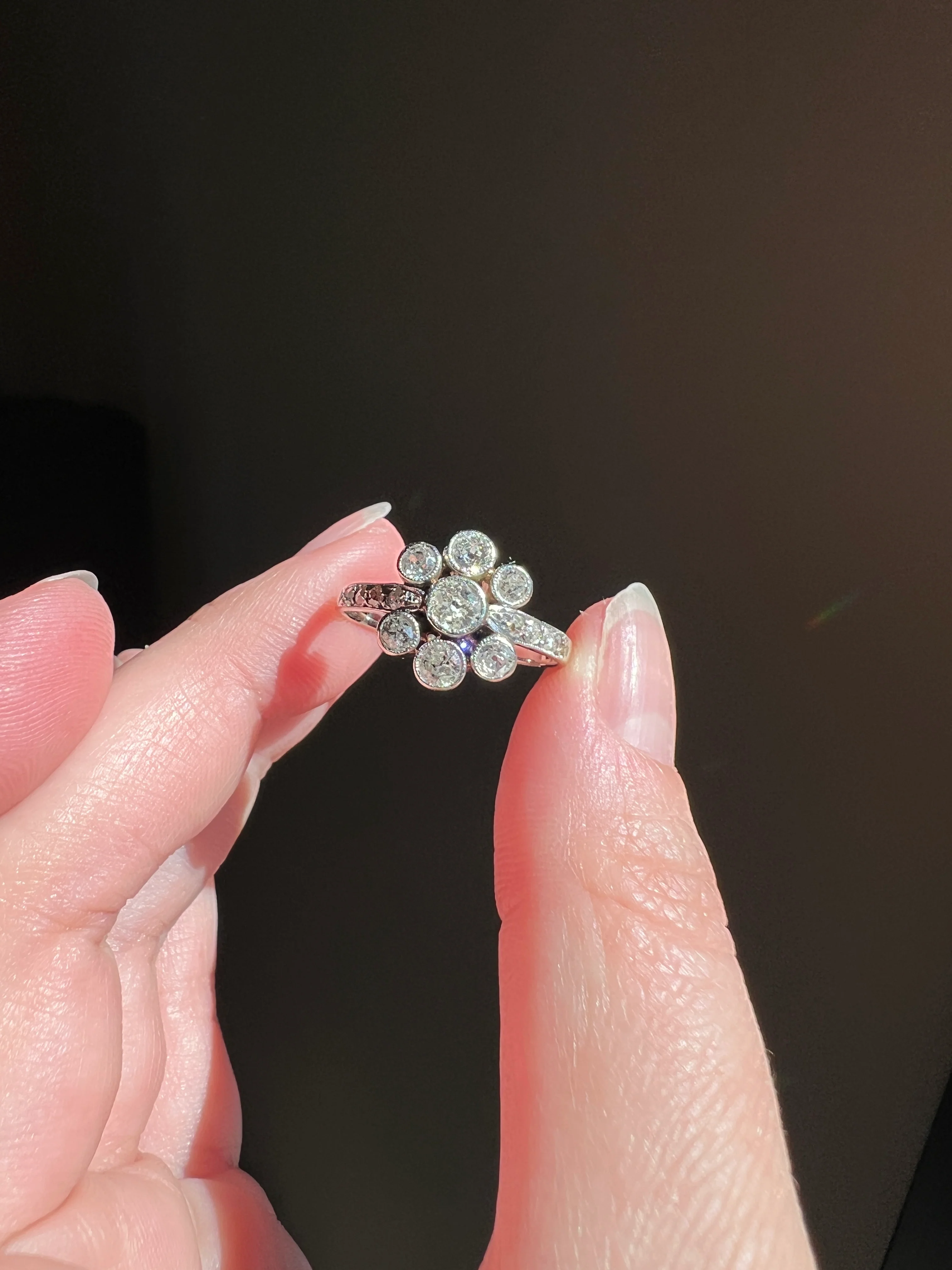 Unique 1 Carat Antique Rose & Old Mine Cut DIAMOND Seven Stone Cluster Ring 18k White Gold French Art Deco Bezel Set Halo - Image 16
