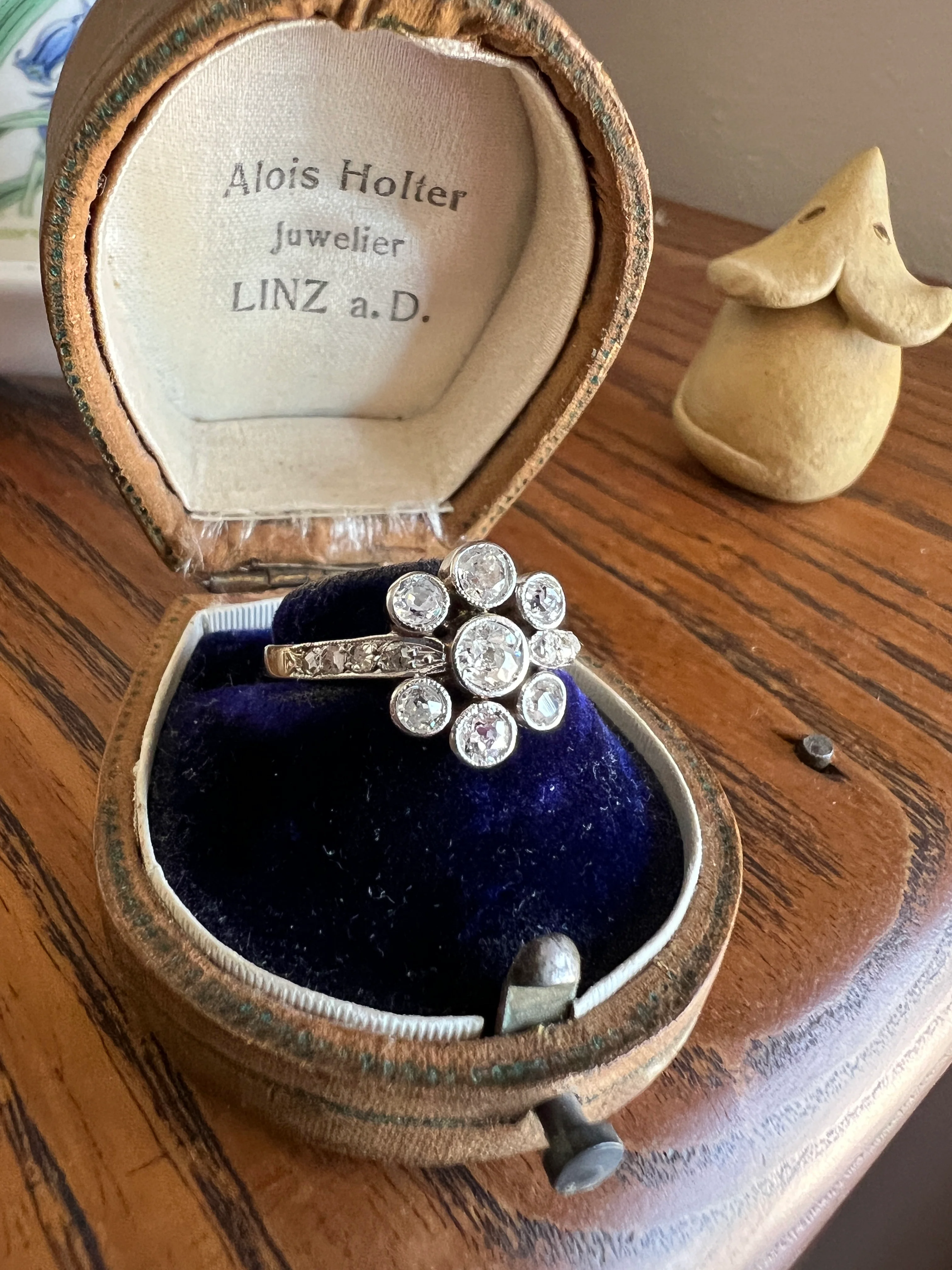 Unique 1 Carat Antique Rose & Old Mine Cut DIAMOND Seven Stone Cluster Ring 18k White Gold French Art Deco Bezel Set Halo - Image 17