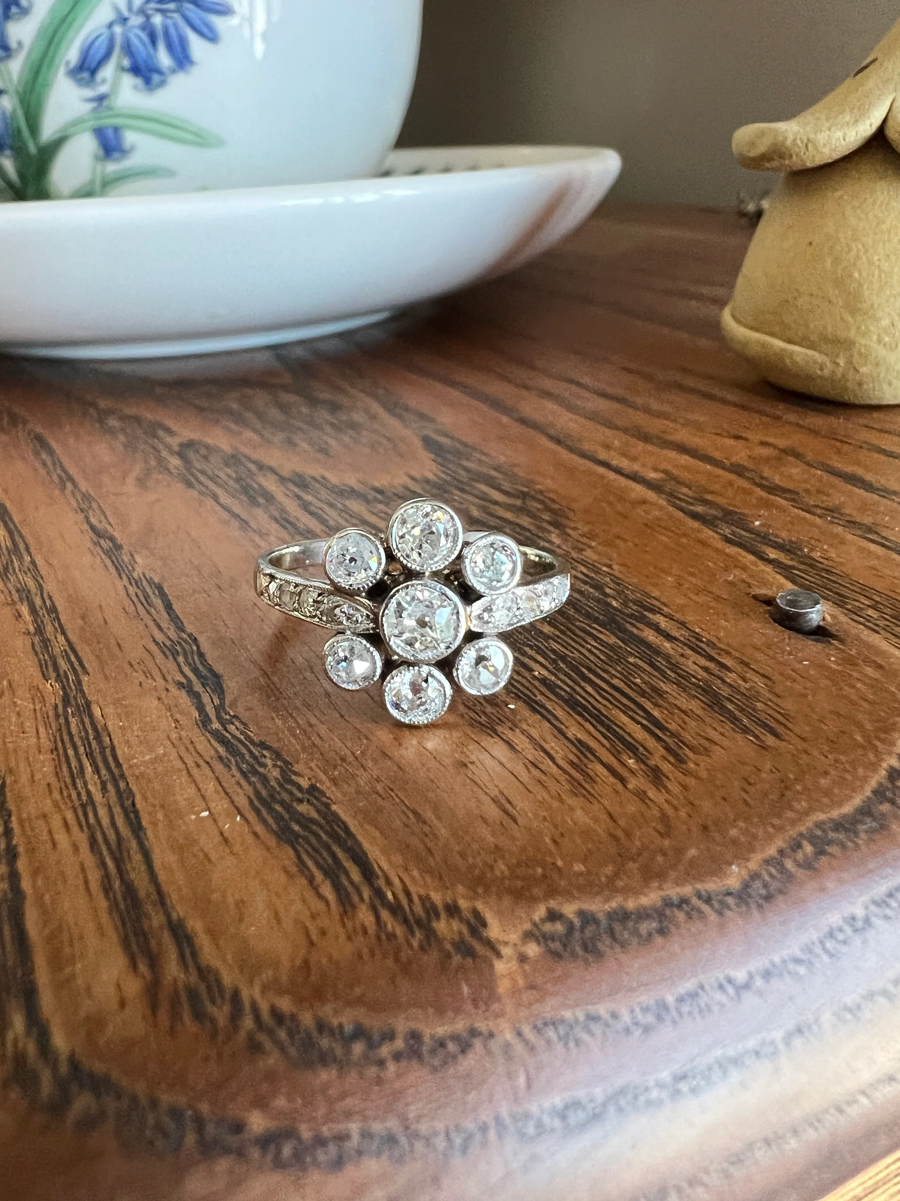 Unique 1 Carat Antique Rose & Old Mine Cut DIAMOND Seven Stone Cluster Ring 18k White Gold French Art Deco Bezel Set Halo - Image 19
