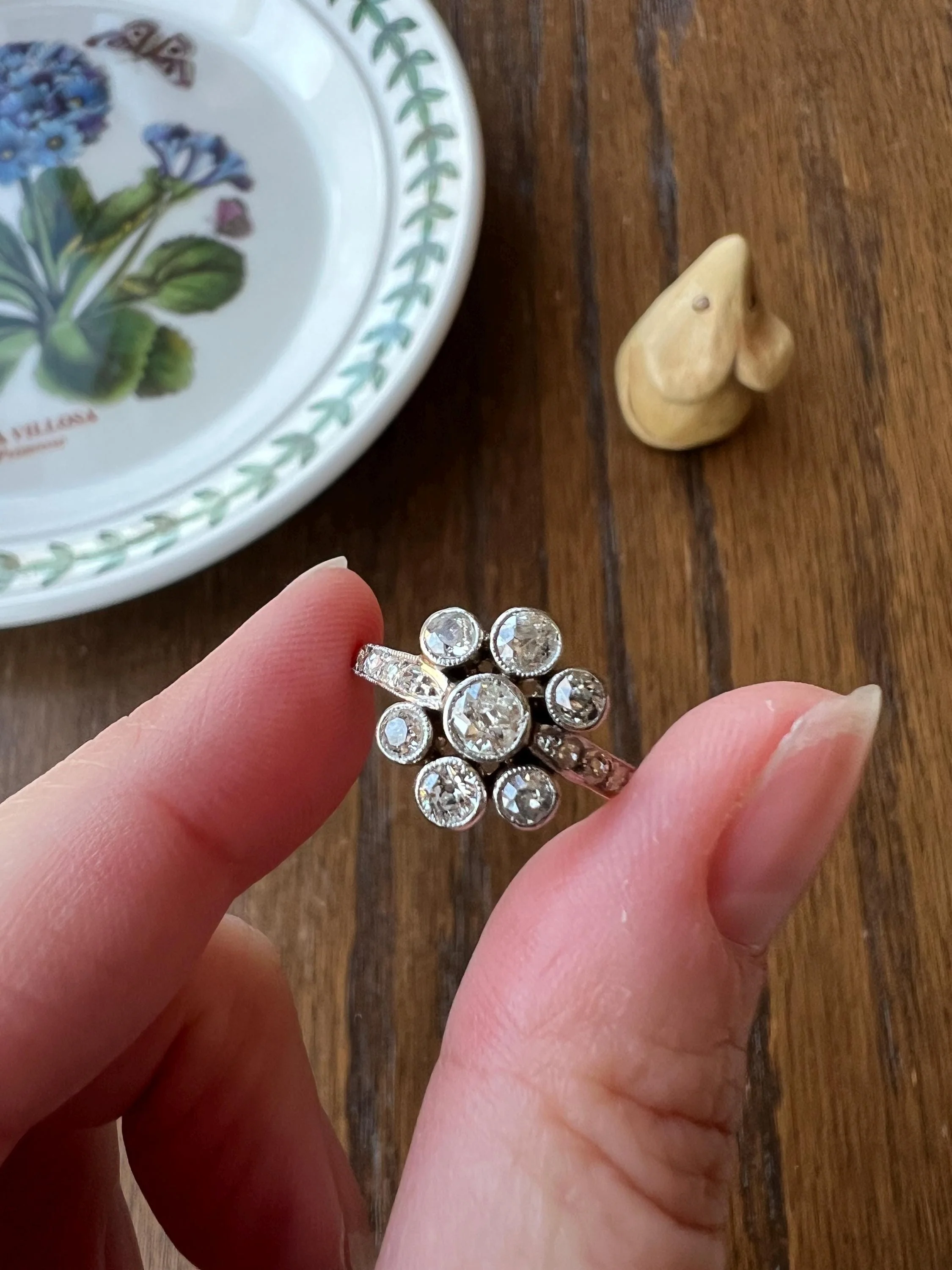 Unique 1 Carat Antique Rose & Old Mine Cut DIAMOND Seven Stone Cluster Ring 18k White Gold French Art Deco Bezel Set Halo - Image 2