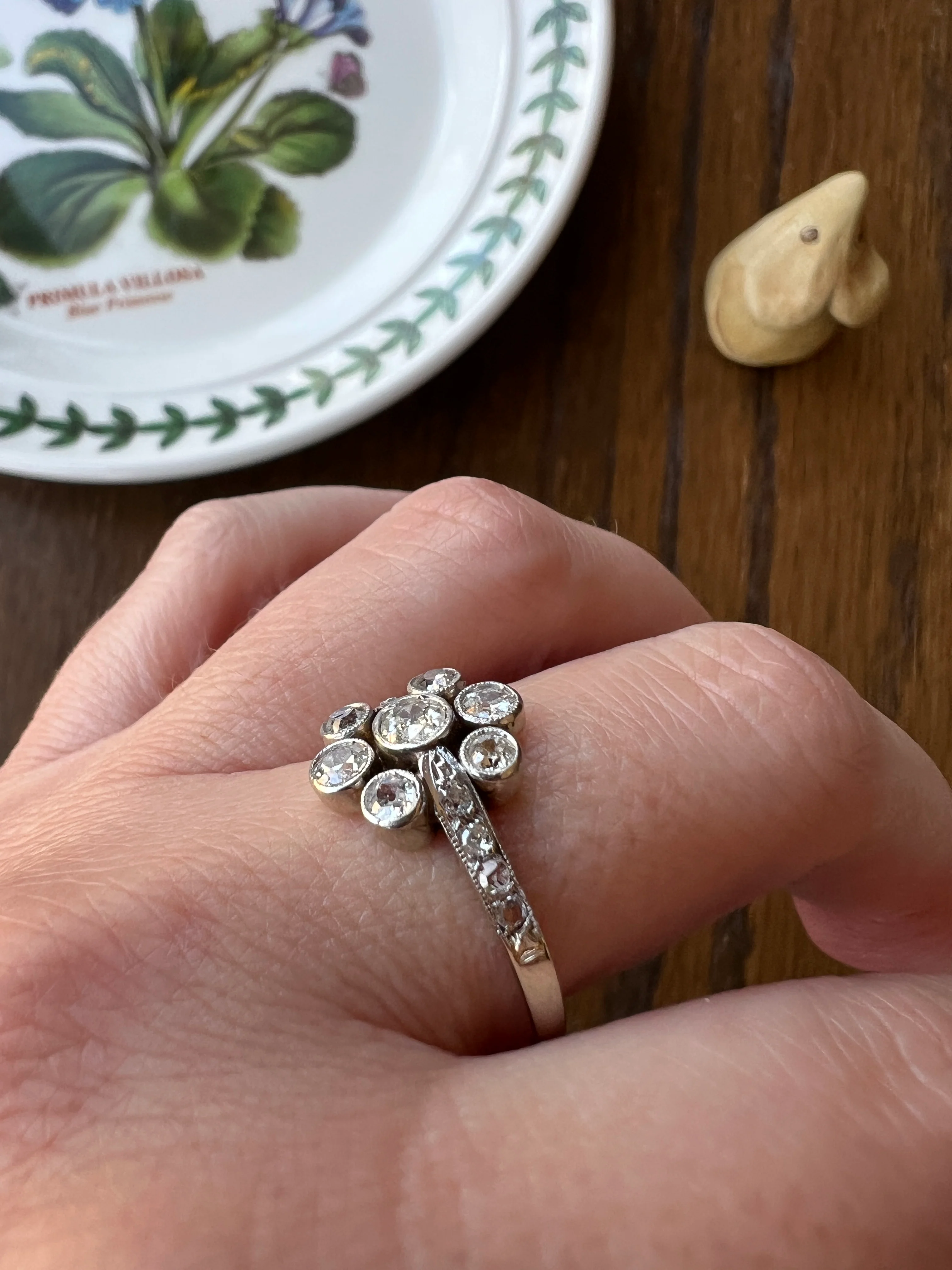 Unique 1 Carat Antique Rose & Old Mine Cut DIAMOND Seven Stone Cluster Ring 18k White Gold French Art Deco Bezel Set Halo - Image 21