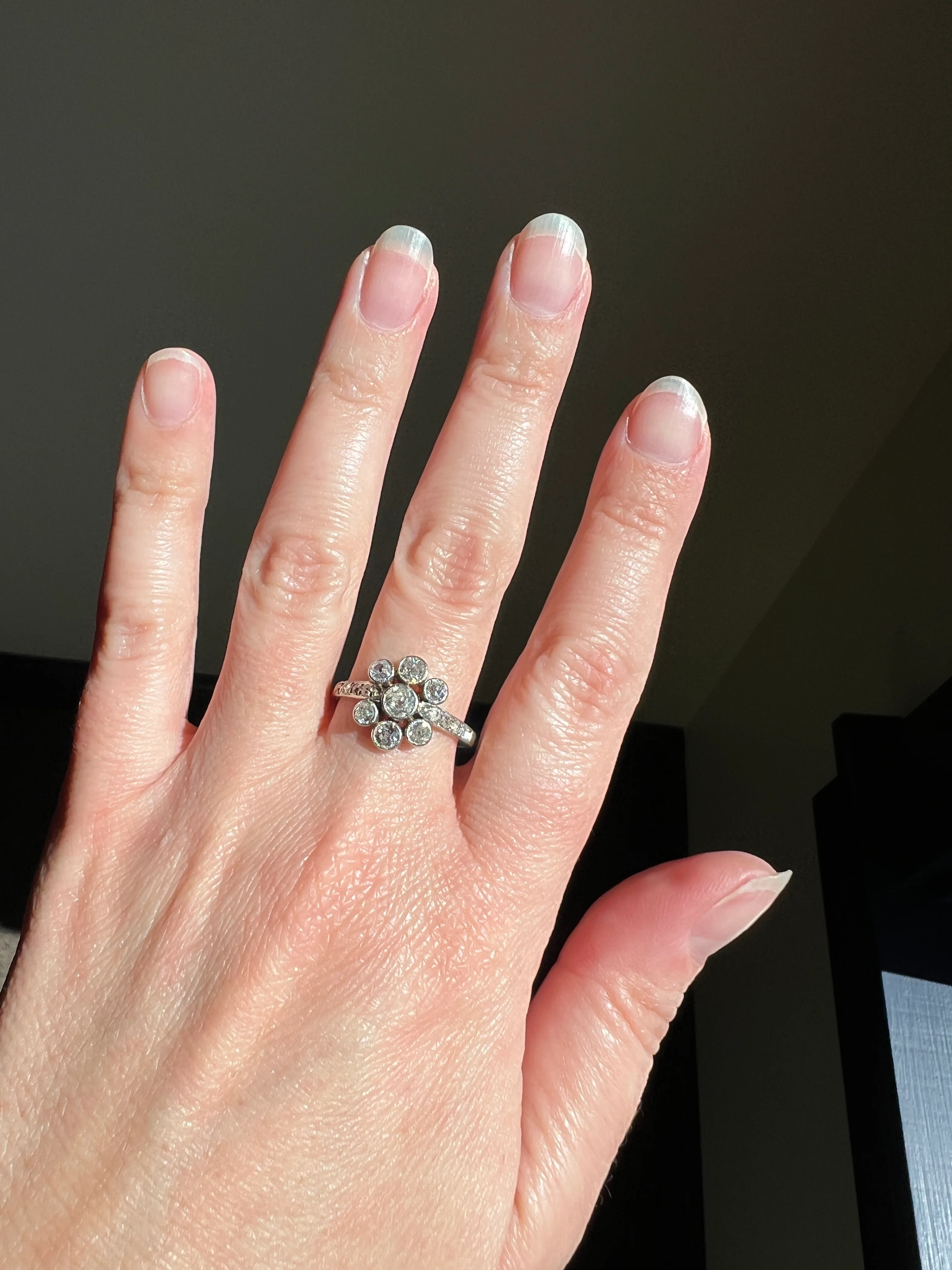 Unique 1 Carat Antique Rose & Old Mine Cut DIAMOND Seven Stone Cluster Ring 18k White Gold French Art Deco Bezel Set Halo - Image 22