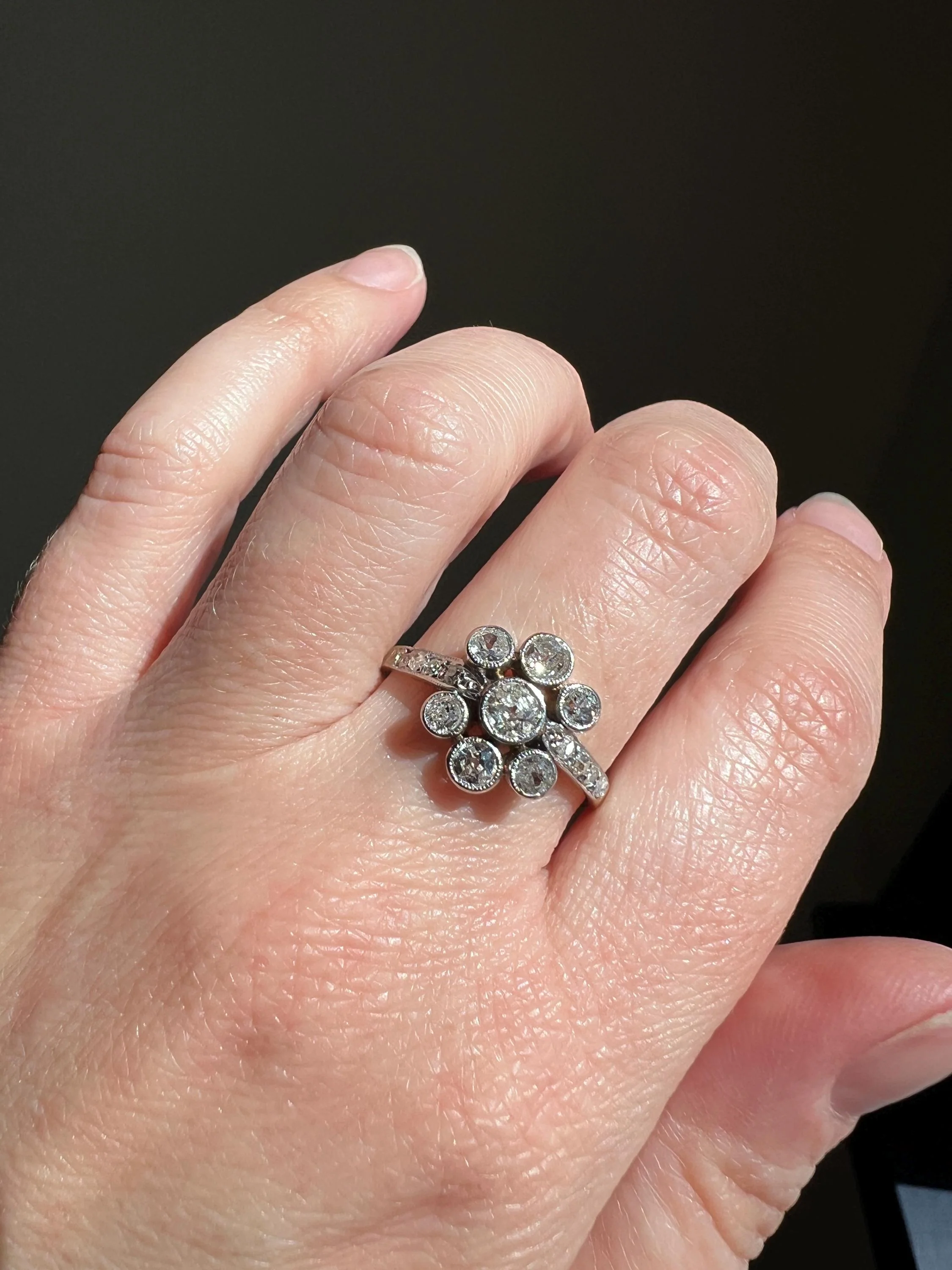 Unique 1 Carat Antique Rose & Old Mine Cut DIAMOND Seven Stone Cluster Ring 18k White Gold French Art Deco Bezel Set Halo - Image 3