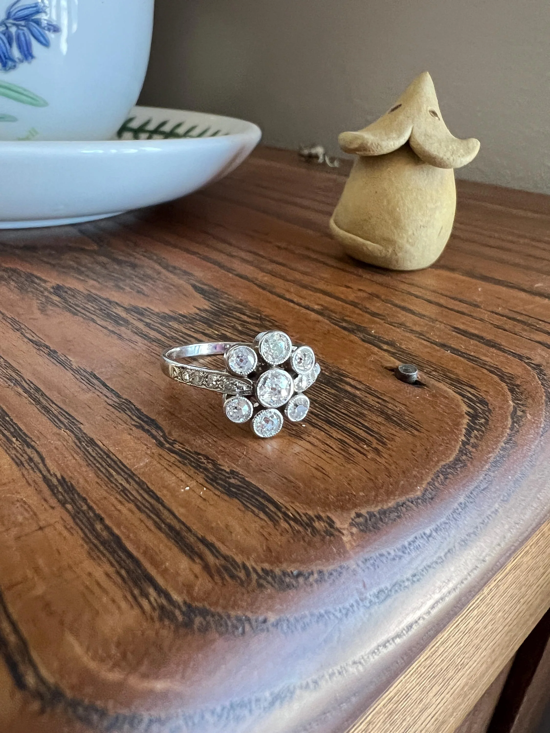 Unique 1 Carat Antique Rose & Old Mine Cut DIAMOND Seven Stone Cluster Ring 18k White Gold French Art Deco Bezel Set Halo - Image 4