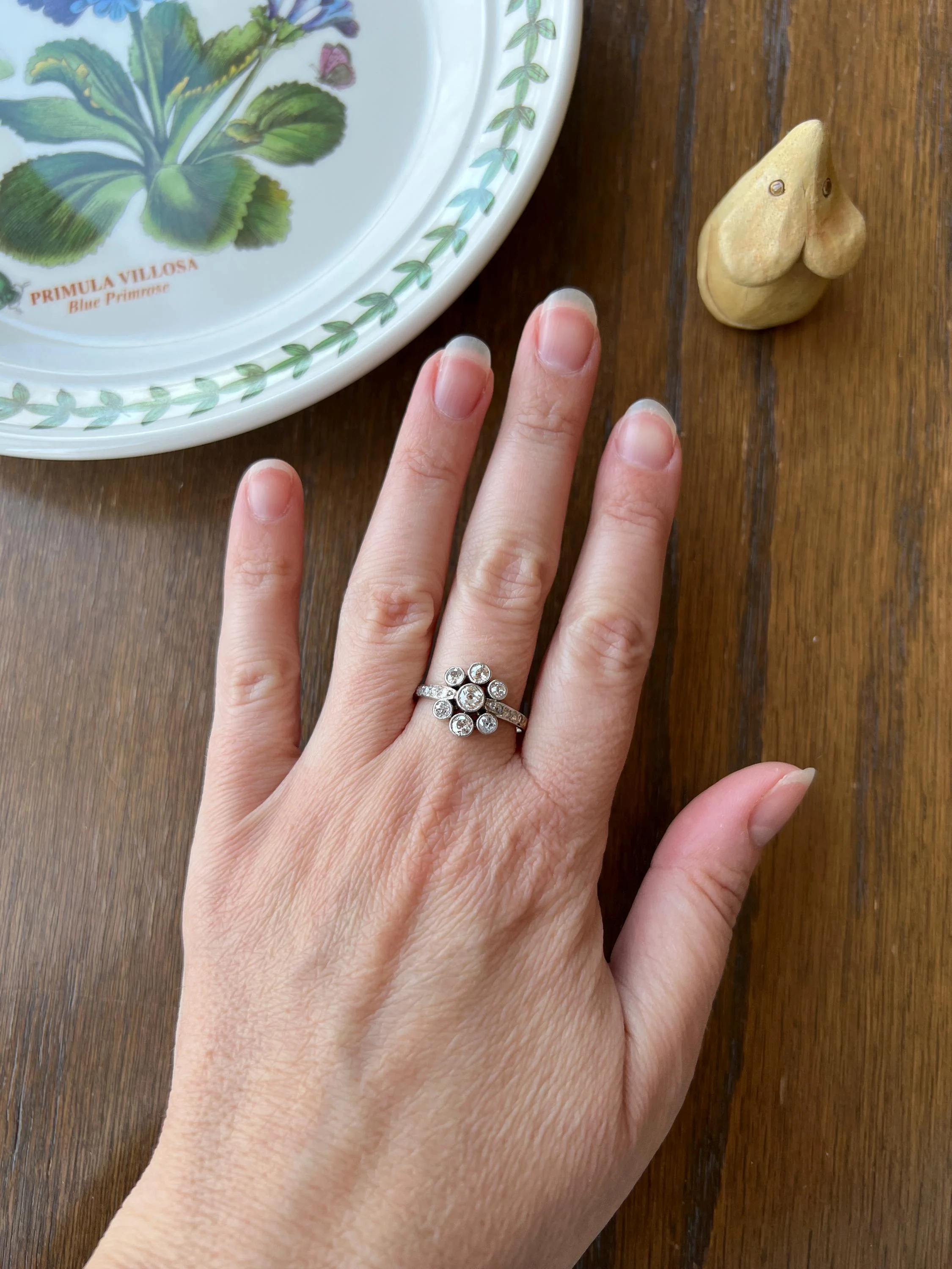 Unique 1 Carat Antique Rose & Old Mine Cut DIAMOND Seven Stone Cluster Ring 18k White Gold French Art Deco Bezel Set Halo - Image 5