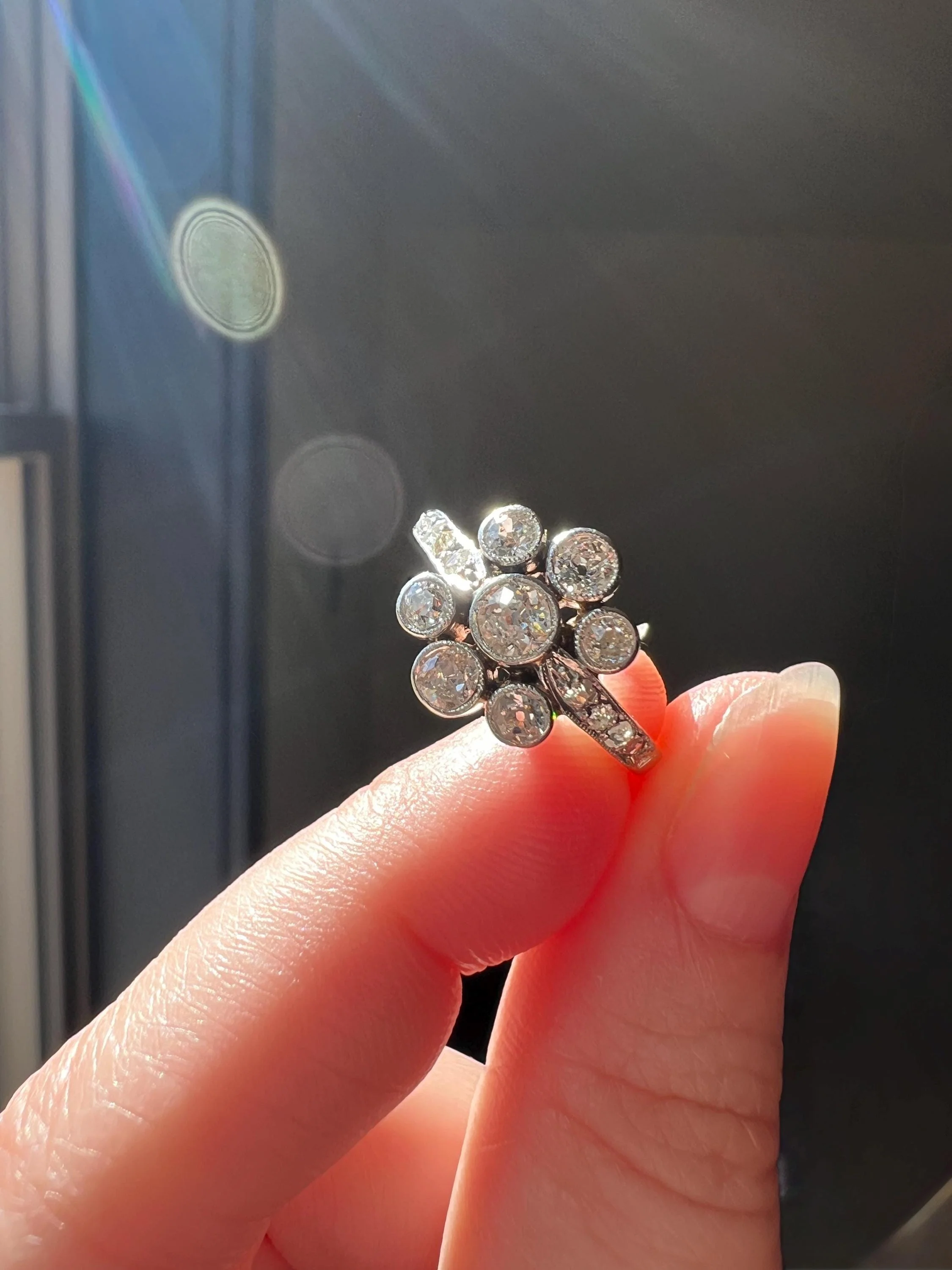 Unique 1 Carat Antique Rose & Old Mine Cut DIAMOND Seven Stone Cluster Ring 18k White Gold French Art Deco Bezel Set Halo - Image 7