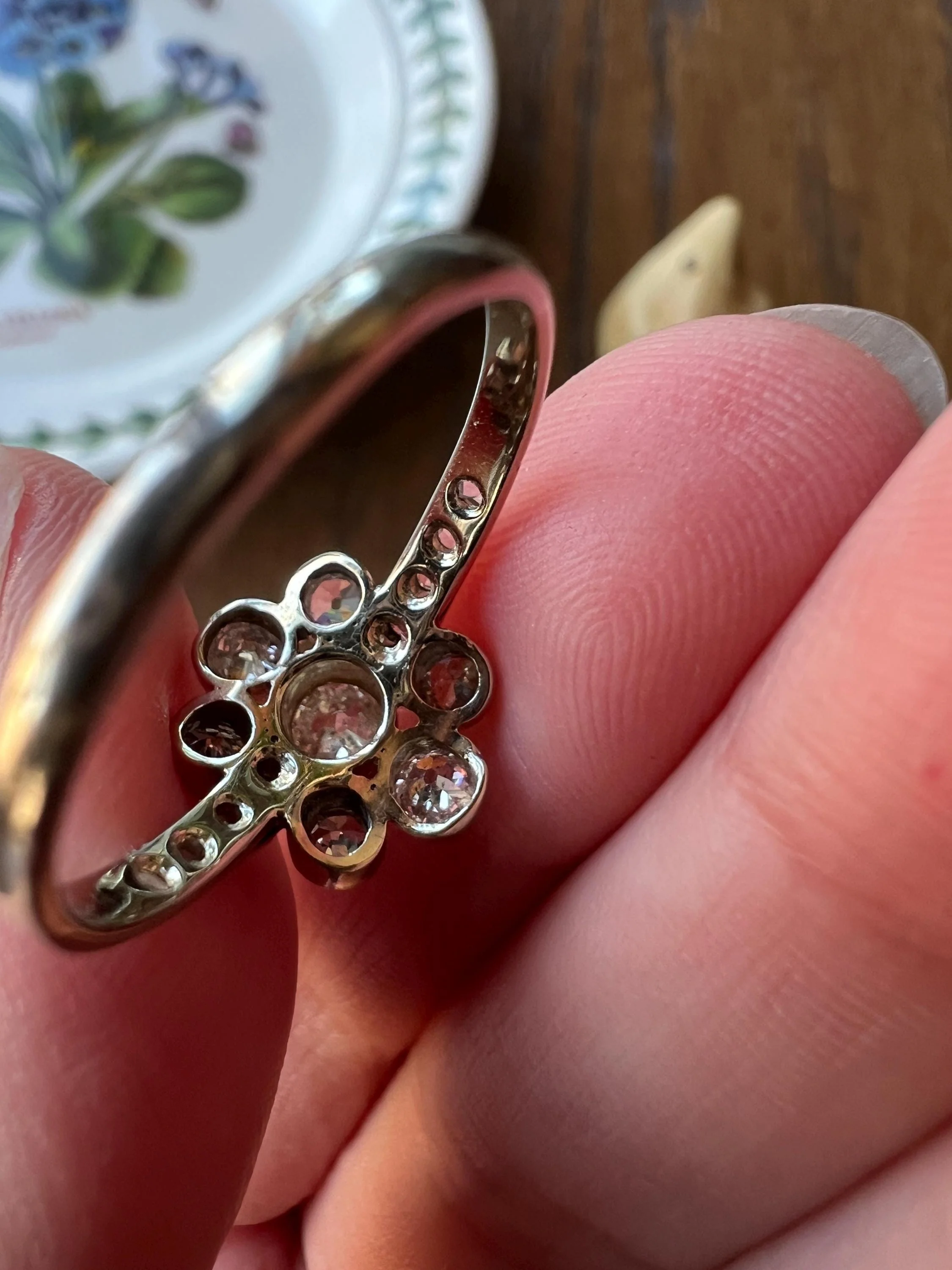 Unique 1 Carat Antique Rose & Old Mine Cut DIAMOND Seven Stone Cluster Ring 18k White Gold French Art Deco Bezel Set Halo - Image 9