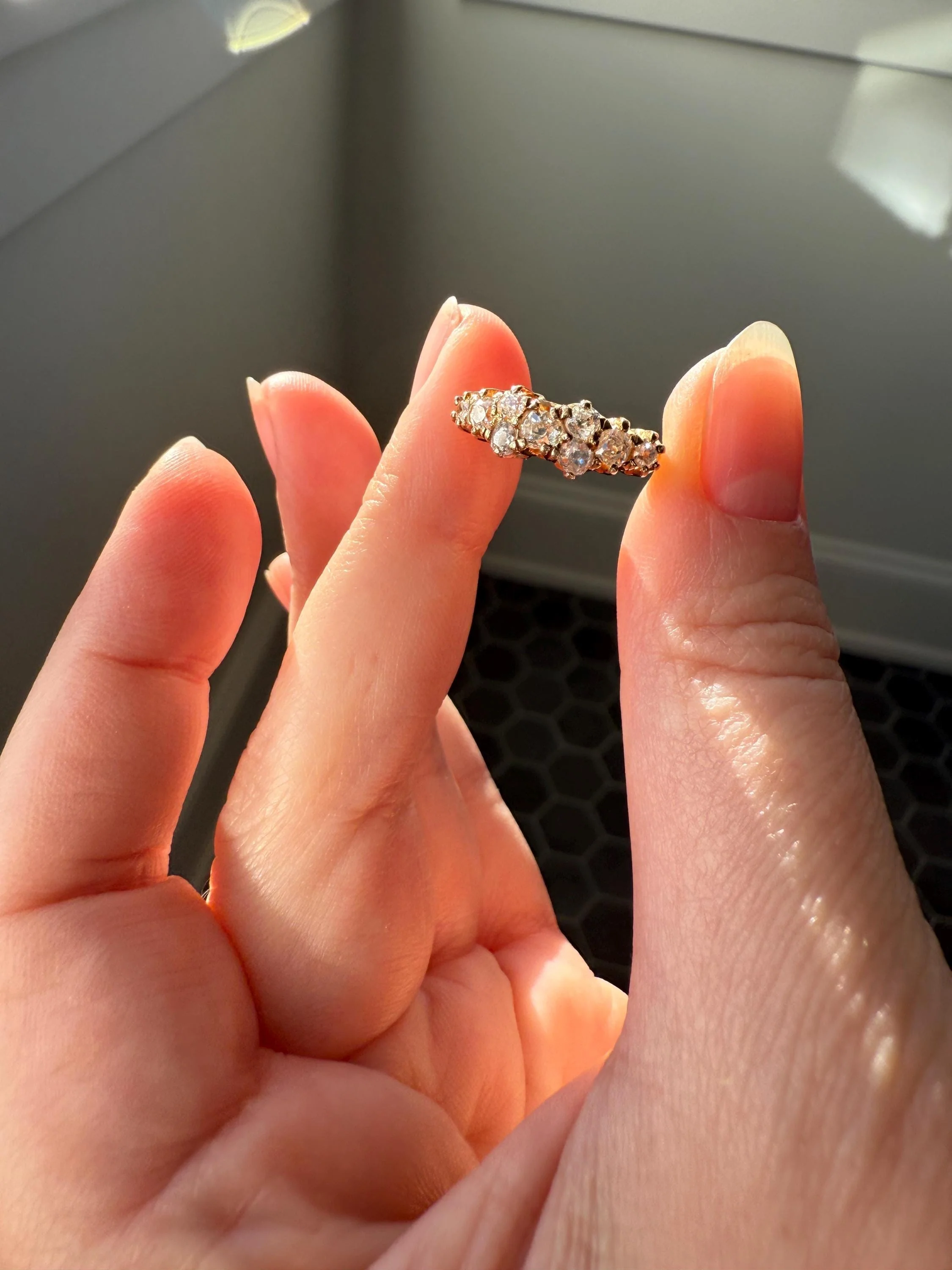 Unique Antique .9 Carat Old Mine Cut Diamond Nine Stone Band Mini Cluster Ring 18k Gold Victorian - Image 13