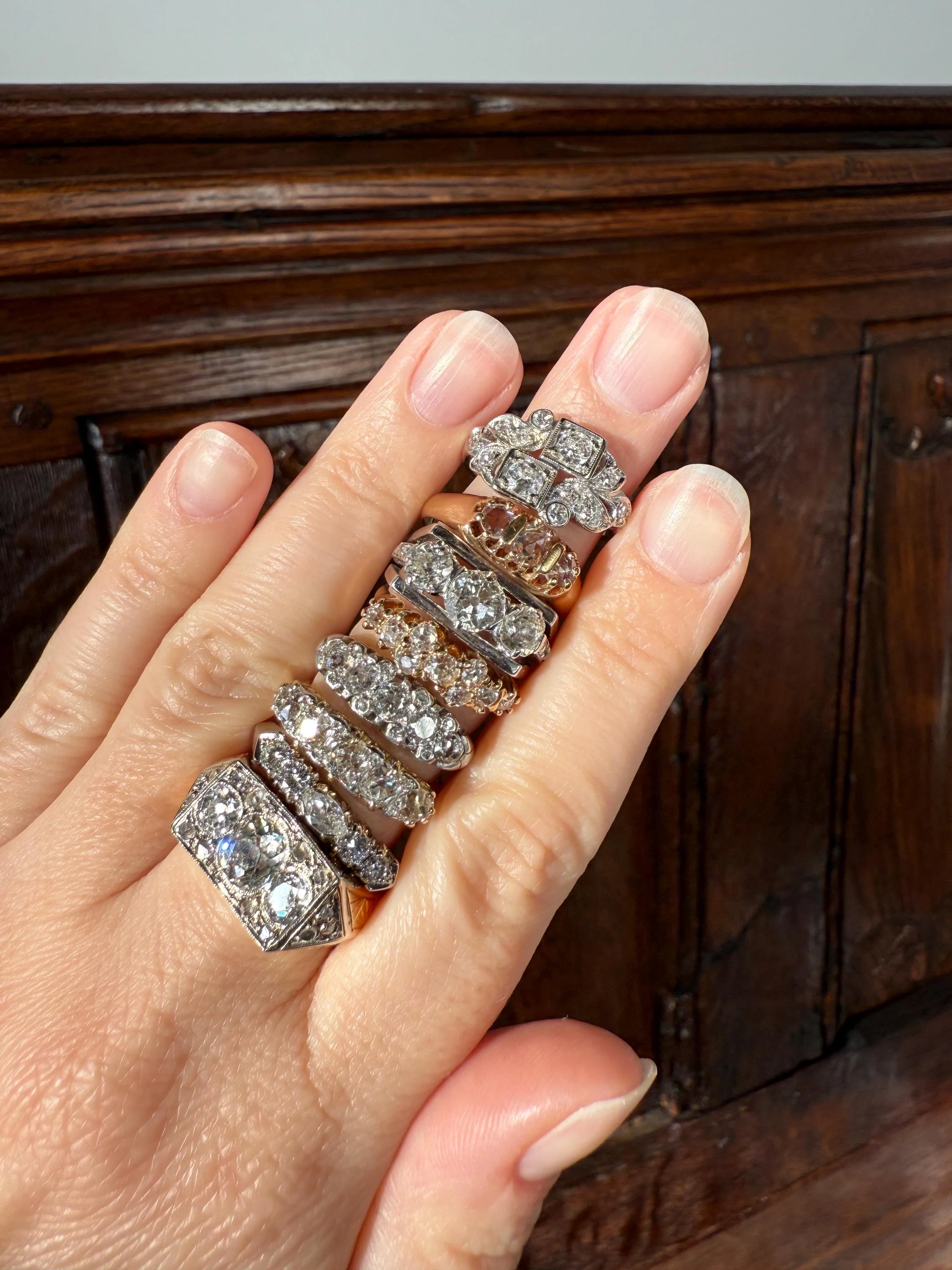 Unique Antique .9 Carat Old Mine Cut Diamond Nine Stone Band Mini Cluster Ring 18k Gold Victorian - Image 16