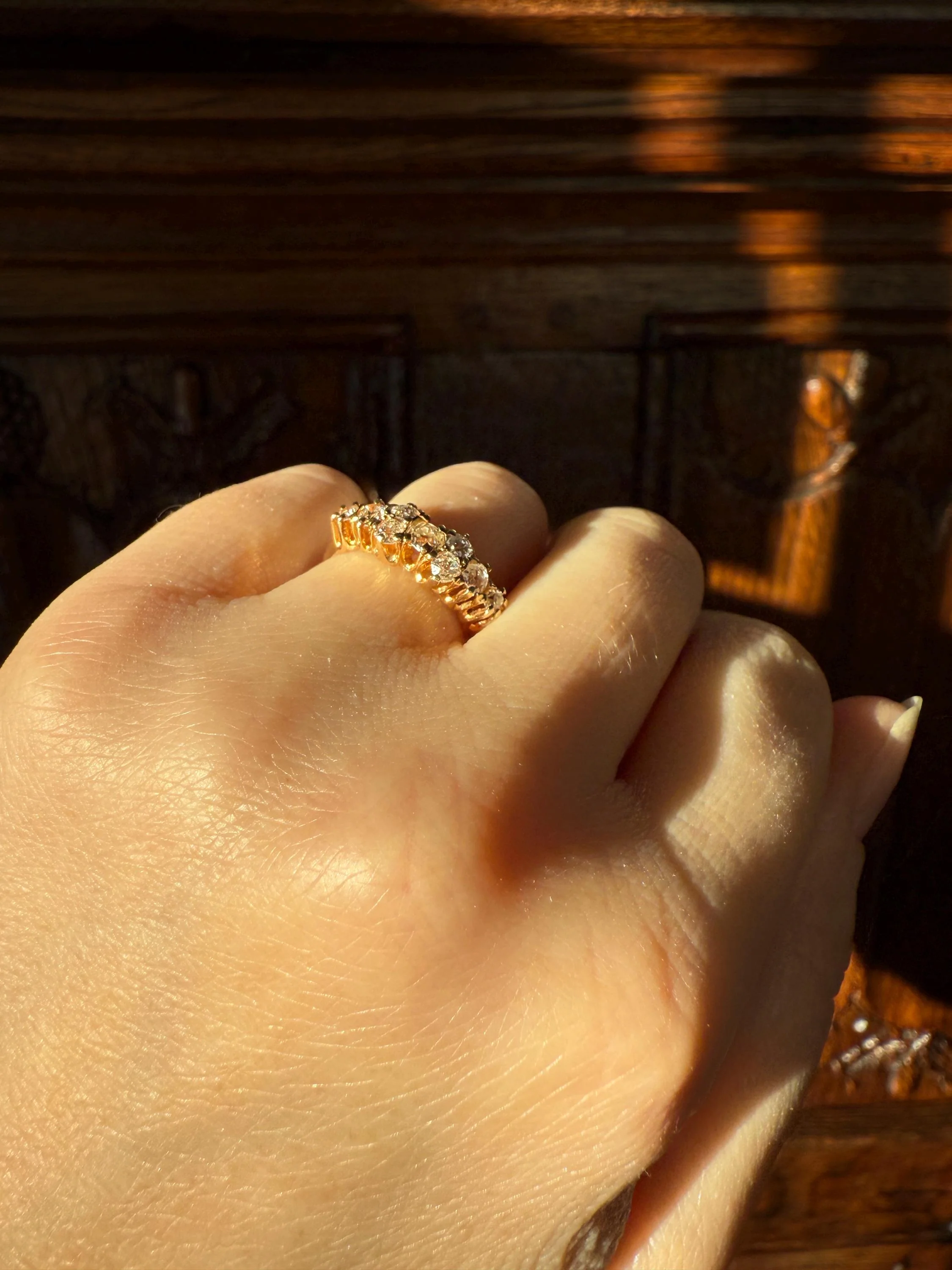 Unique Antique .9 Carat Old Mine Cut Diamond Nine Stone Band Mini Cluster Ring 18k Gold Victorian - Image 4