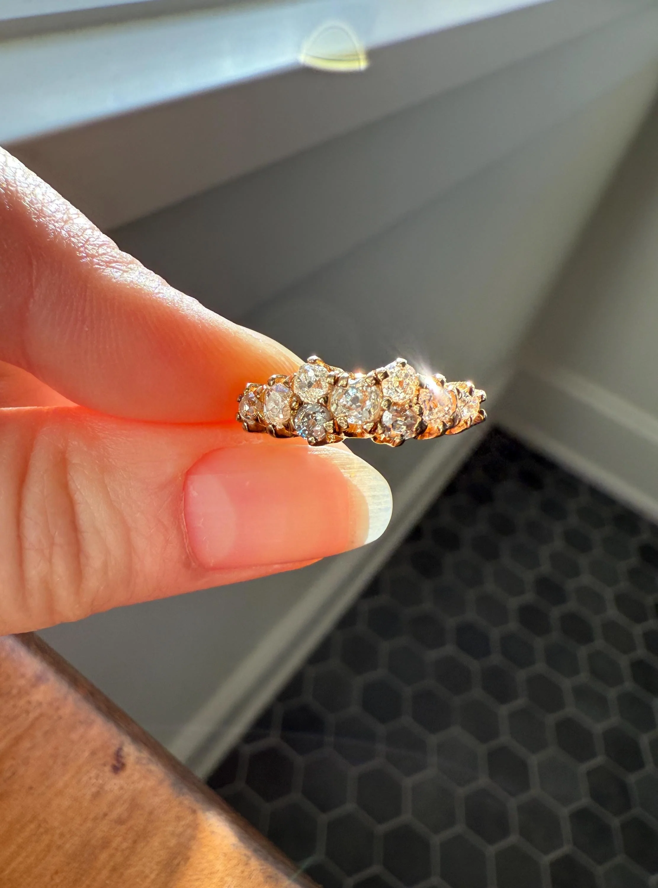 Unique Antique .9 Carat Old Mine Cut Diamond Nine Stone Band Mini Cluster Ring 18k Gold Victorian - Image 9