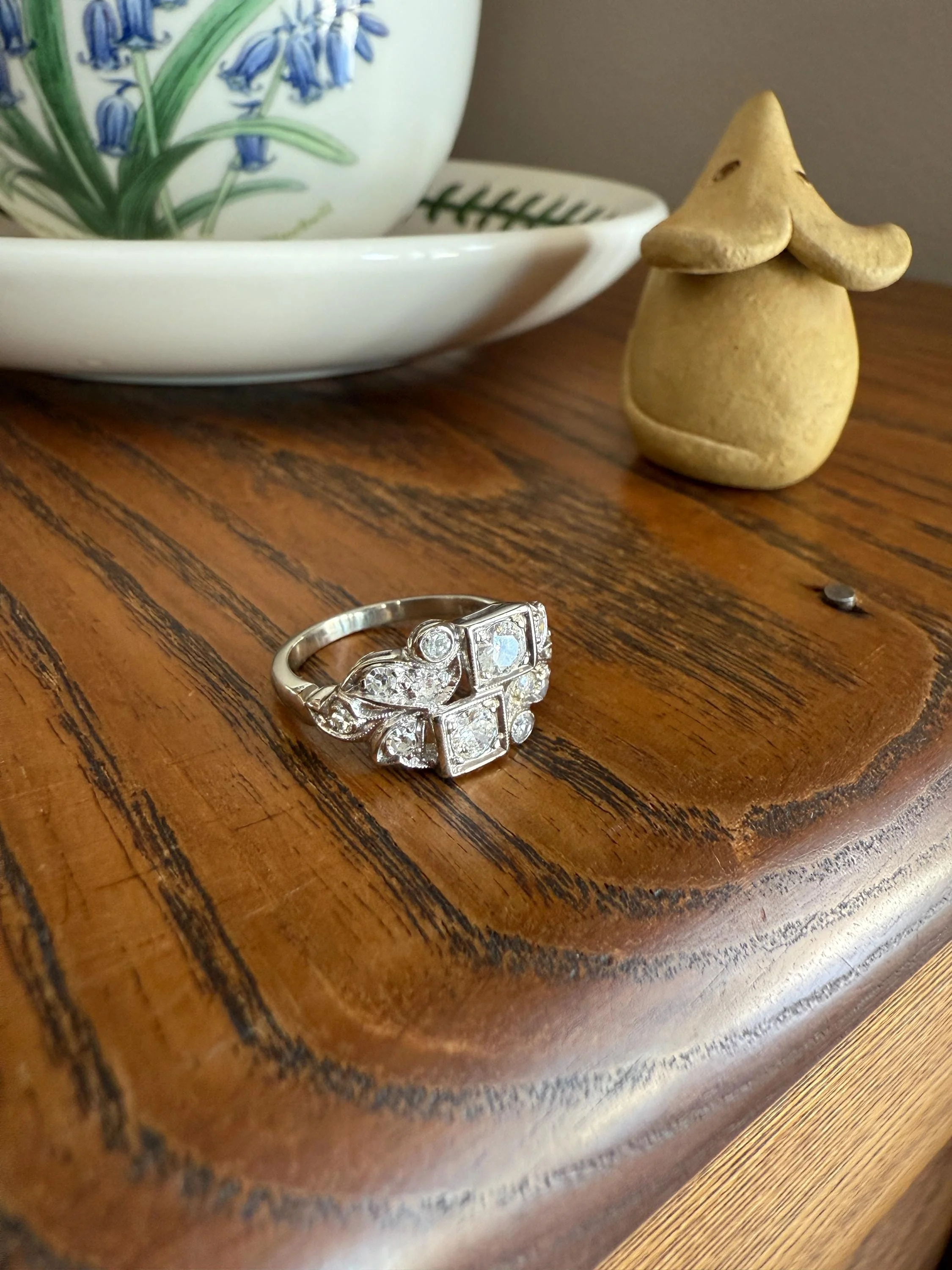 Unique Antique Asymmetrical Floral Ring Art Deco Transitional Old Single Cut Diamond 14k White Gold Swirled Square Bezel Double Band Stacker - Image 11