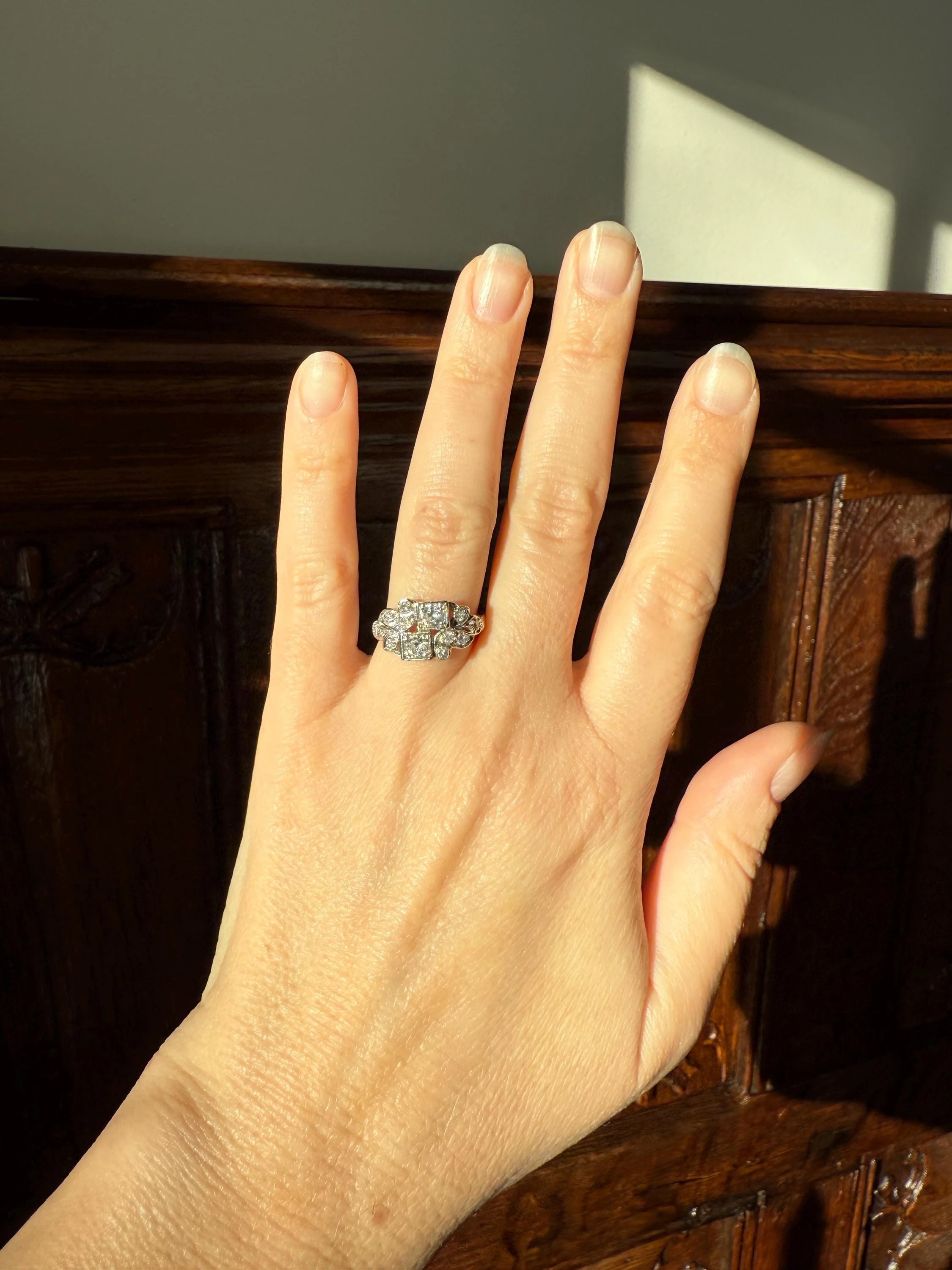 Unique Antique Asymmetrical Floral Ring Art Deco Transitional Old Single Cut Diamond 14k White Gold Swirled Square Bezel Double Band Stacker - Image 13