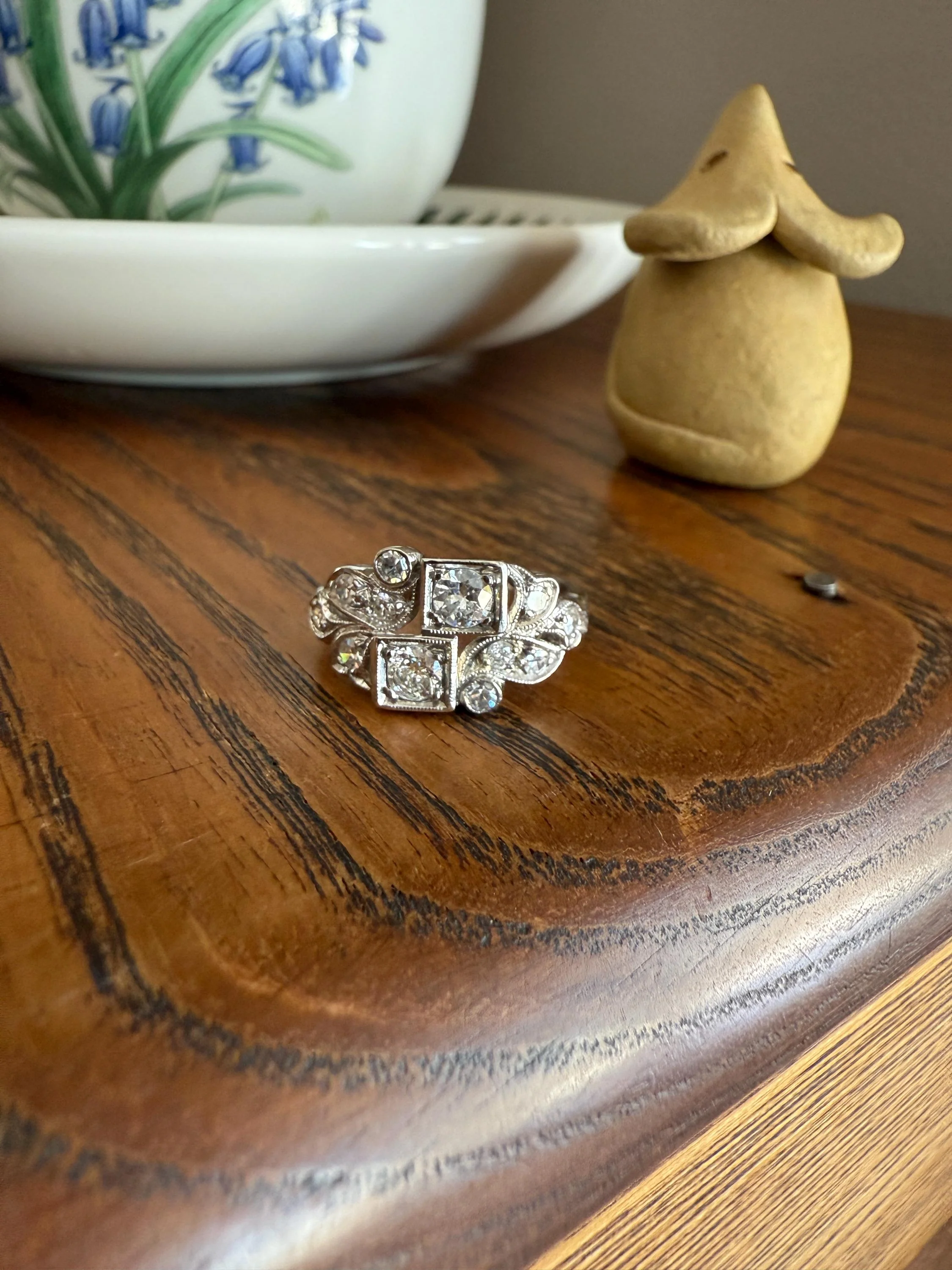 Unique Antique Asymmetrical Floral Ring Art Deco Transitional Old Single Cut Diamond 14k White Gold Swirled Square Bezel Double Band Stacker - Image 14
