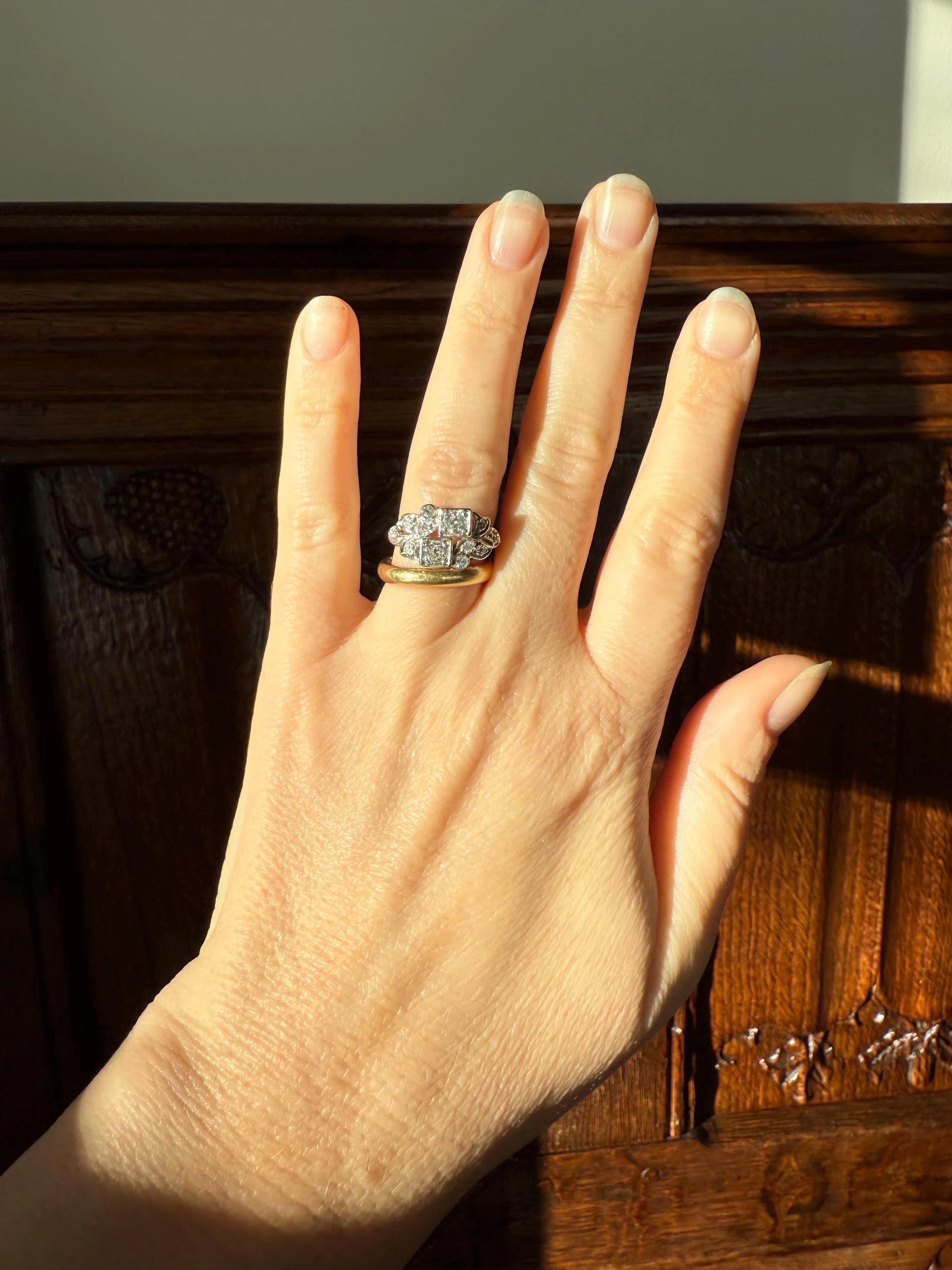 Unique Antique Asymmetrical Floral Ring Art Deco Transitional Old Single Cut Diamond 14k White Gold Swirled Square Bezel Double Band Stacker - Image 15
