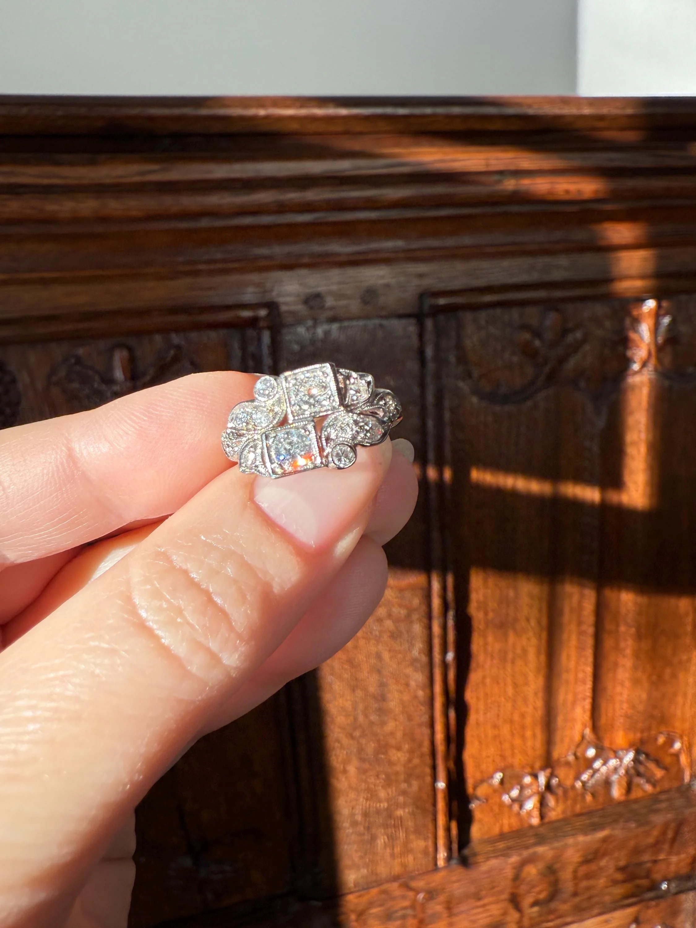 Unique Antique Asymmetrical Floral Ring Art Deco Transitional Old Single Cut Diamond 14k White Gold Swirled Square Bezel Double Band Stacker - Image 16
