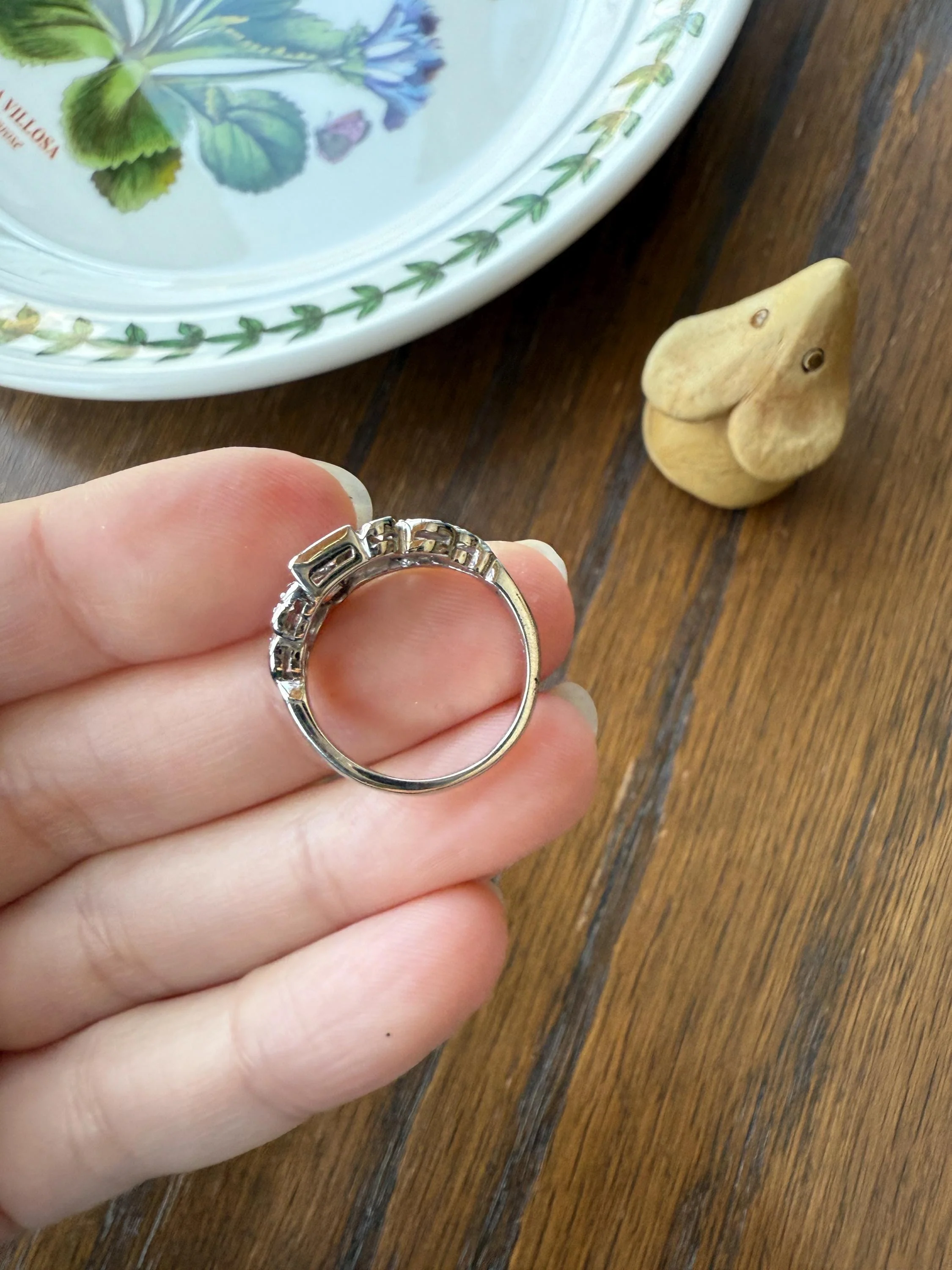 Unique Antique Asymmetrical Floral Ring Art Deco Transitional Old Single Cut Diamond 14k White Gold Swirled Square Bezel Double Band Stacker - Image 18
