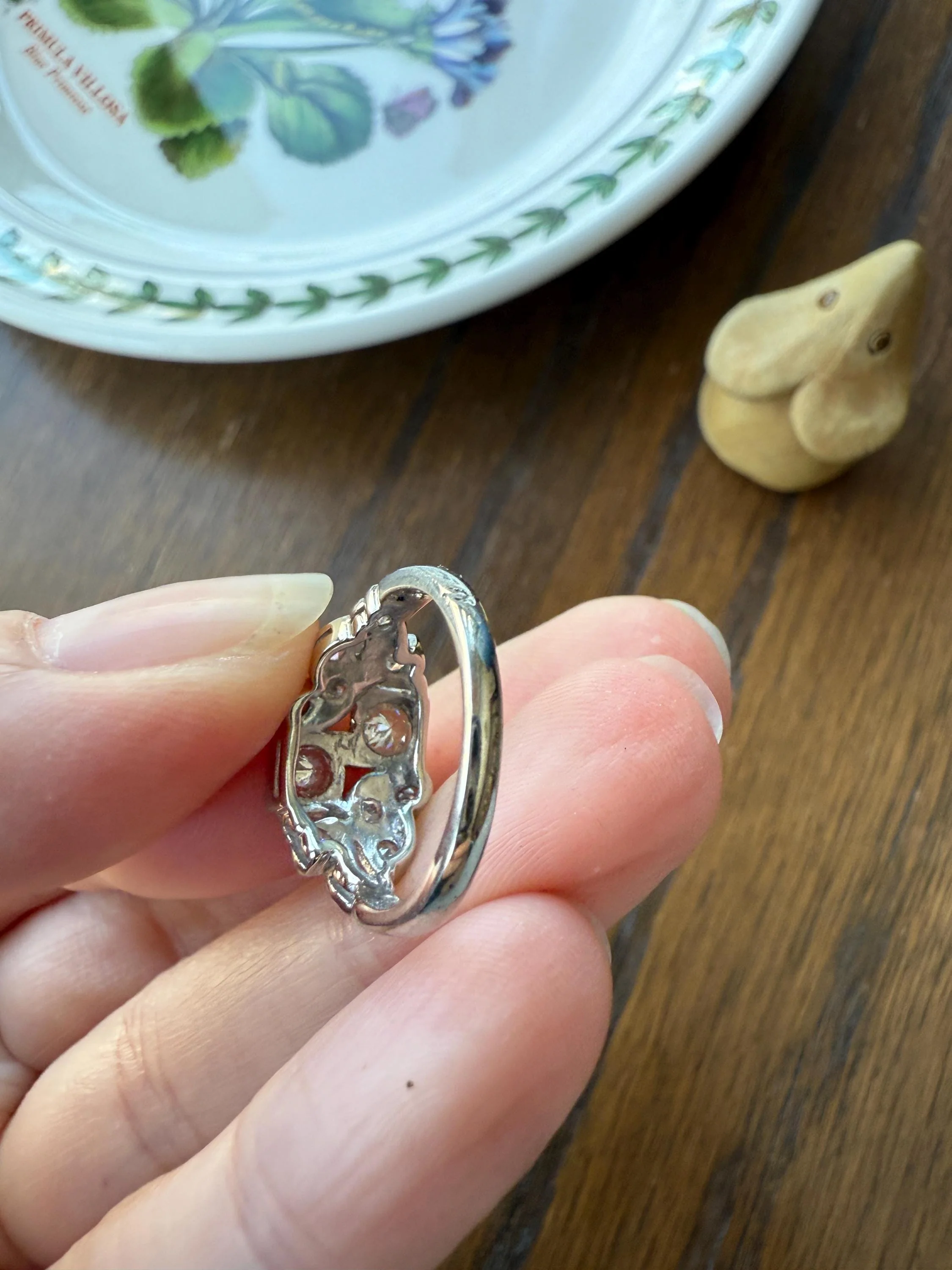 Unique Antique Asymmetrical Floral Ring Art Deco Transitional Old Single Cut Diamond 14k White Gold Swirled Square Bezel Double Band Stacker - Image 19