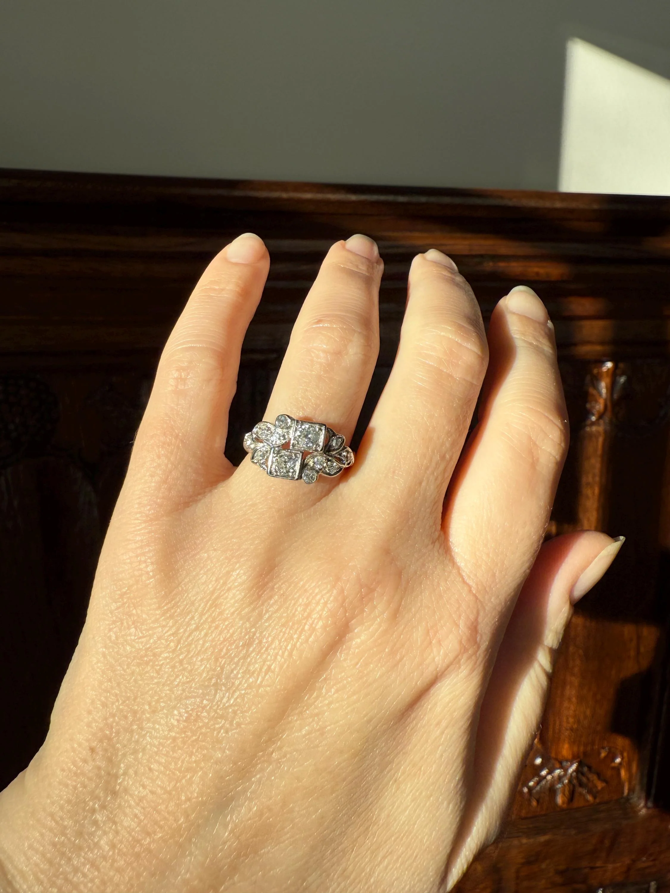 Unique Antique Asymmetrical Floral Ring Art Deco Transitional Old Single Cut Diamond 14k White Gold Swirled Square Bezel Double Band Stacker - Image 2