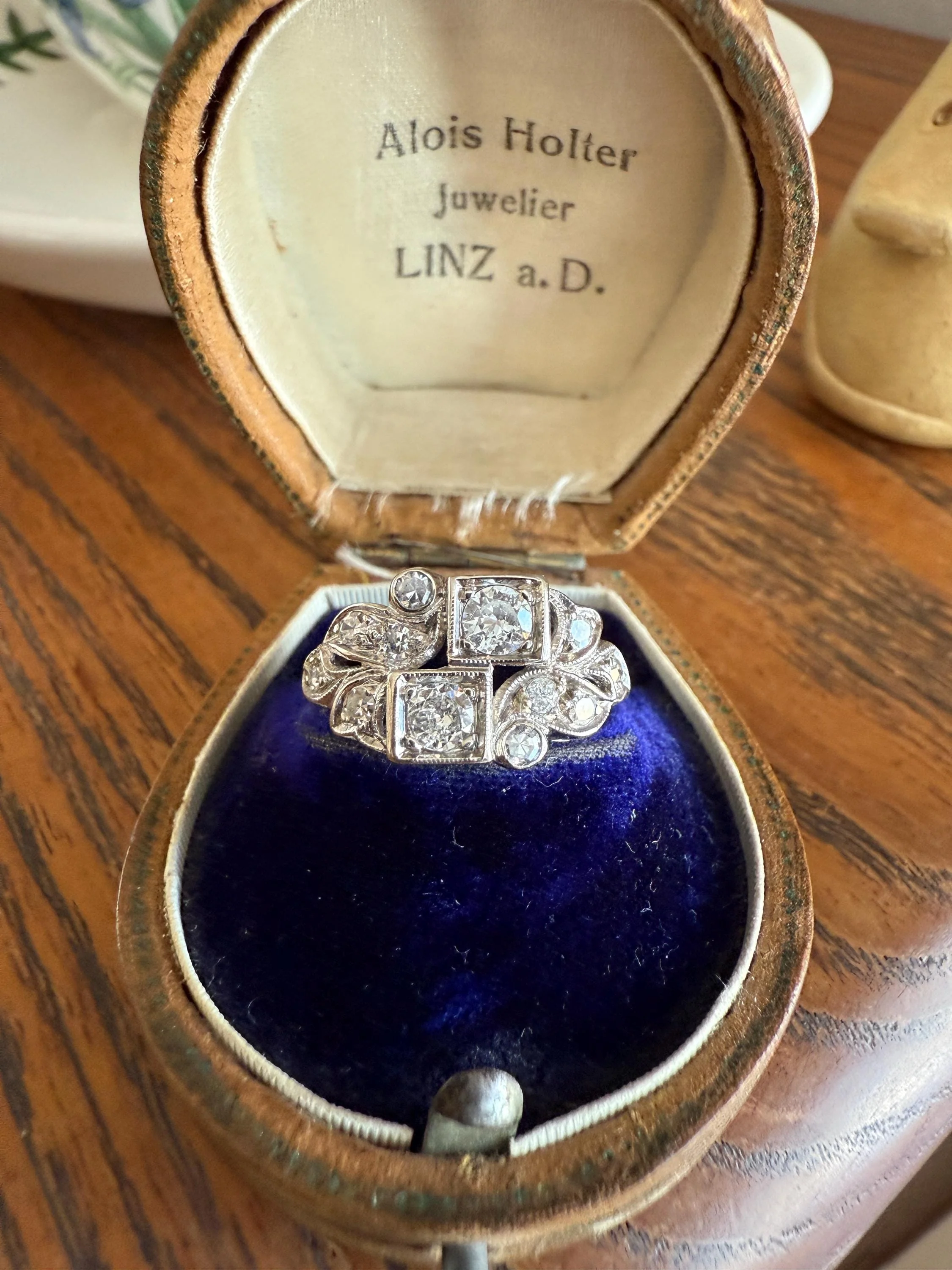 Unique Antique Asymmetrical Floral Ring Art Deco Transitional Old Single Cut Diamond 14k White Gold Swirled Square Bezel Double Band Stacker - Image 3