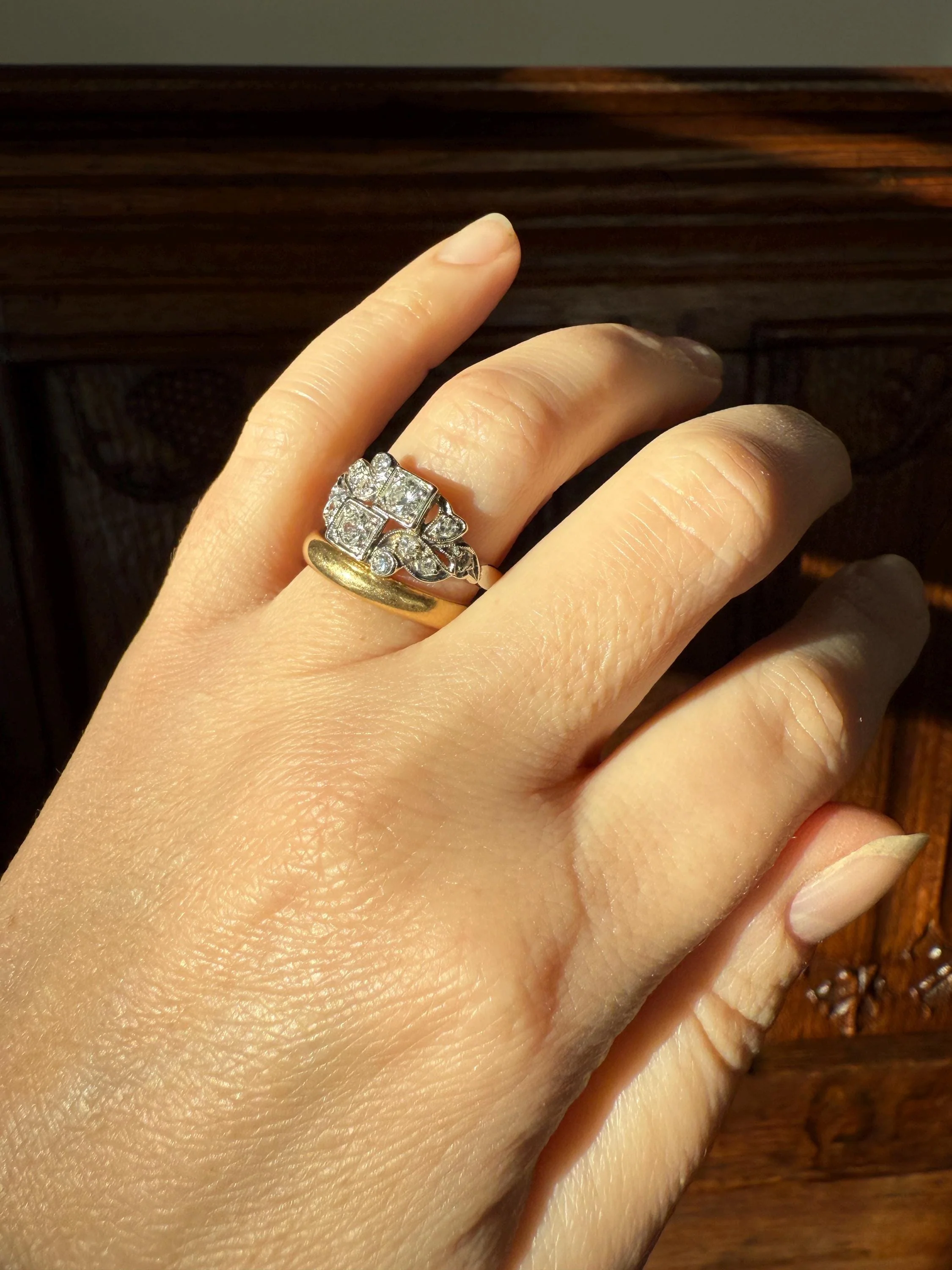 Unique Antique Asymmetrical Floral Ring Art Deco Transitional Old Single Cut Diamond 14k White Gold Swirled Square Bezel Double Band Stacker - Image 4