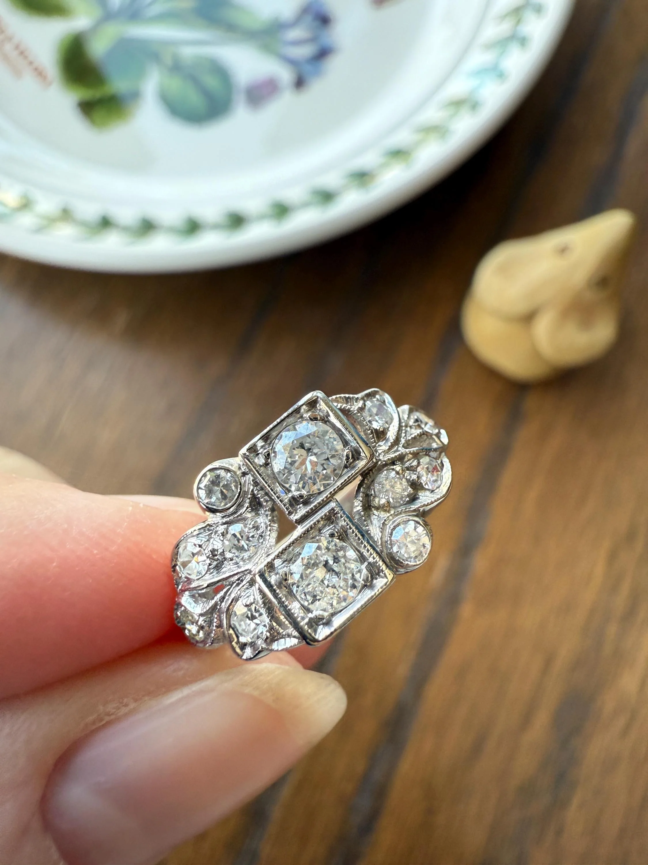 Unique Antique Asymmetrical Floral Ring Art Deco Transitional Old Single Cut Diamond 14k White Gold Swirled Square Bezel Double Band Stacker - Image 5