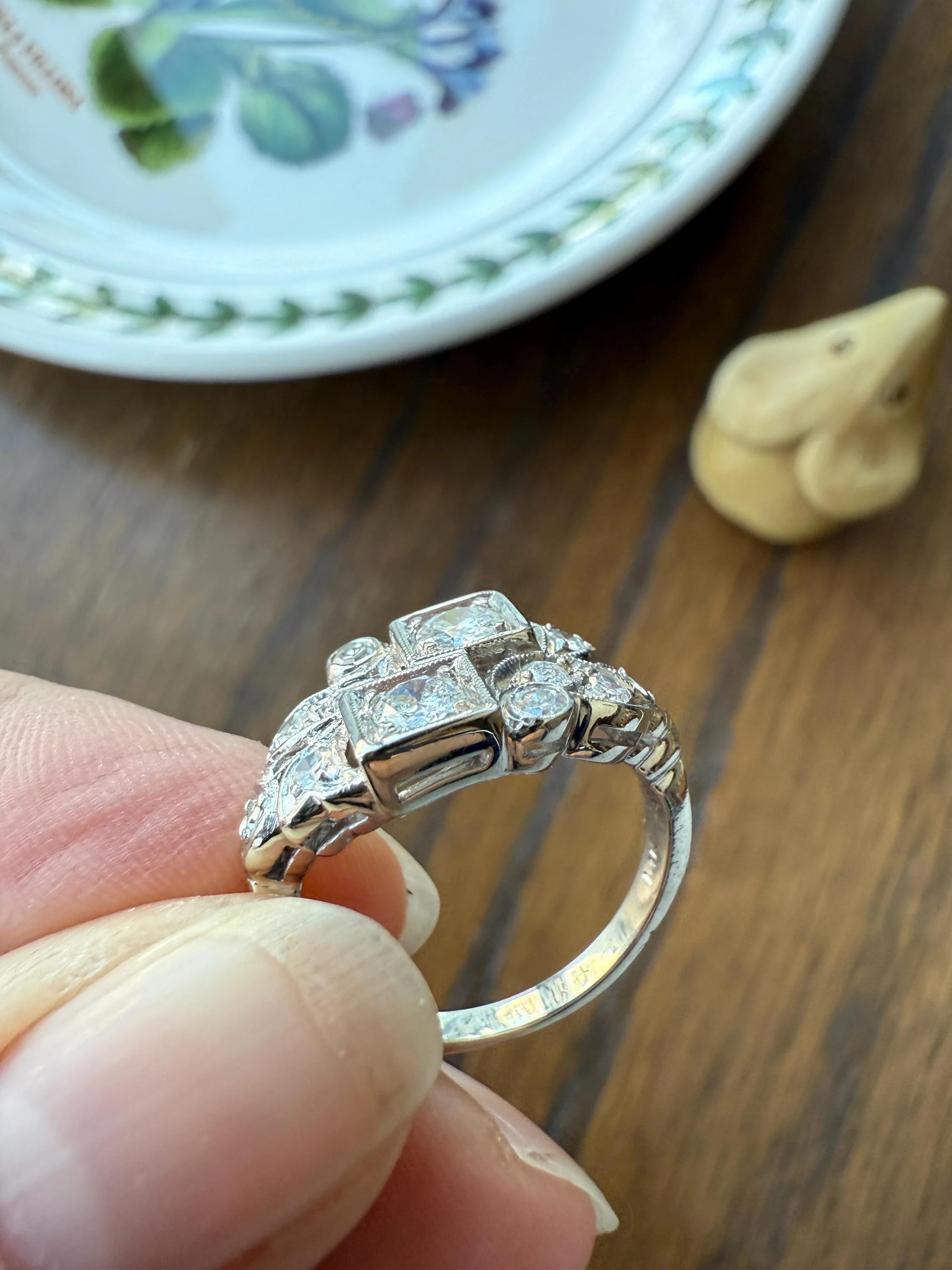 Unique Antique Asymmetrical Floral Ring Art Deco Transitional Old Single Cut Diamond 14k White Gold Swirled Square Bezel Double Band Stacker - Image 6