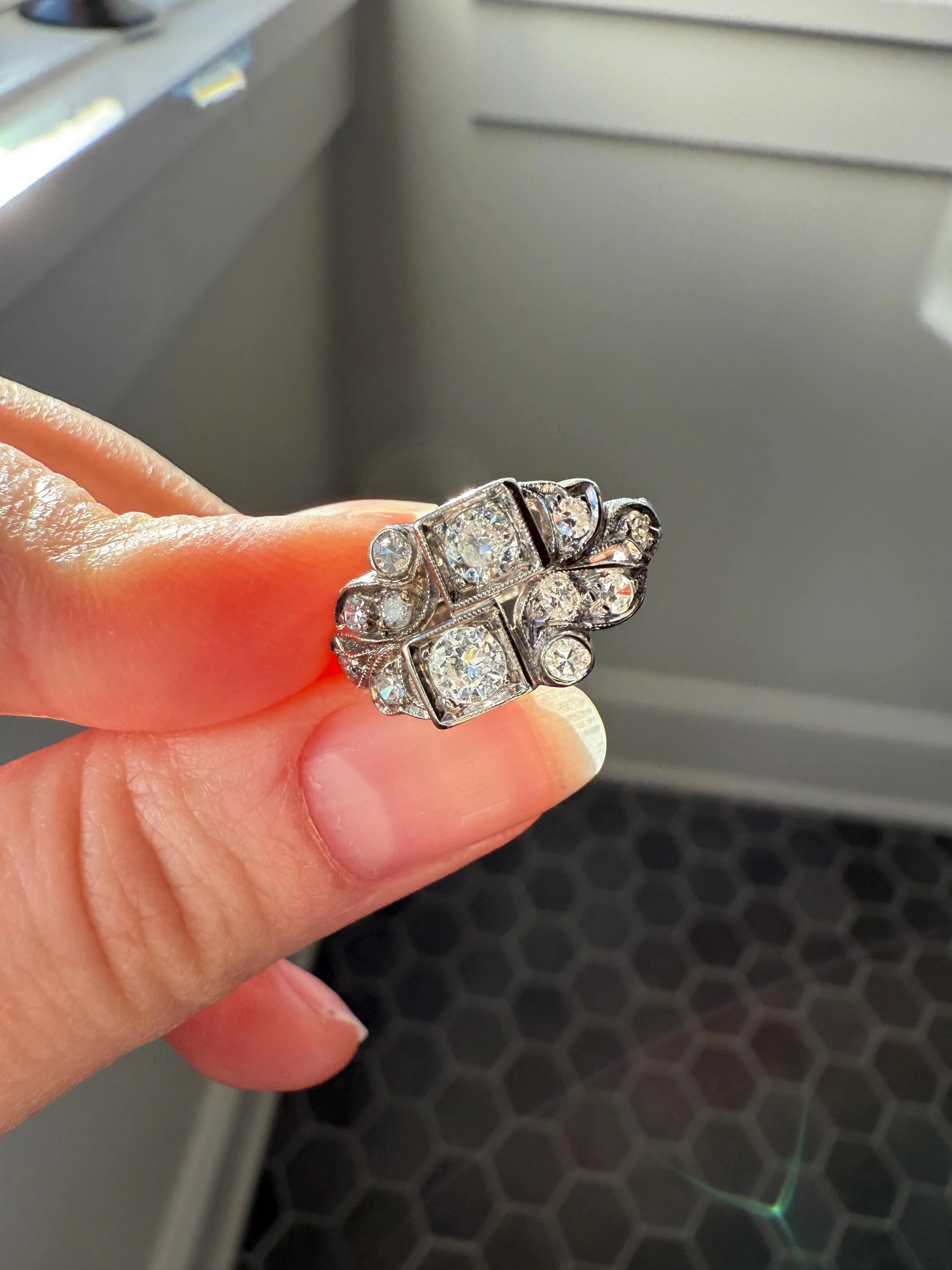 Unique Antique Asymmetrical Floral Ring Art Deco Transitional Old Single Cut Diamond 14k White Gold Swirled Square Bezel Double Band Stacker - Image 7