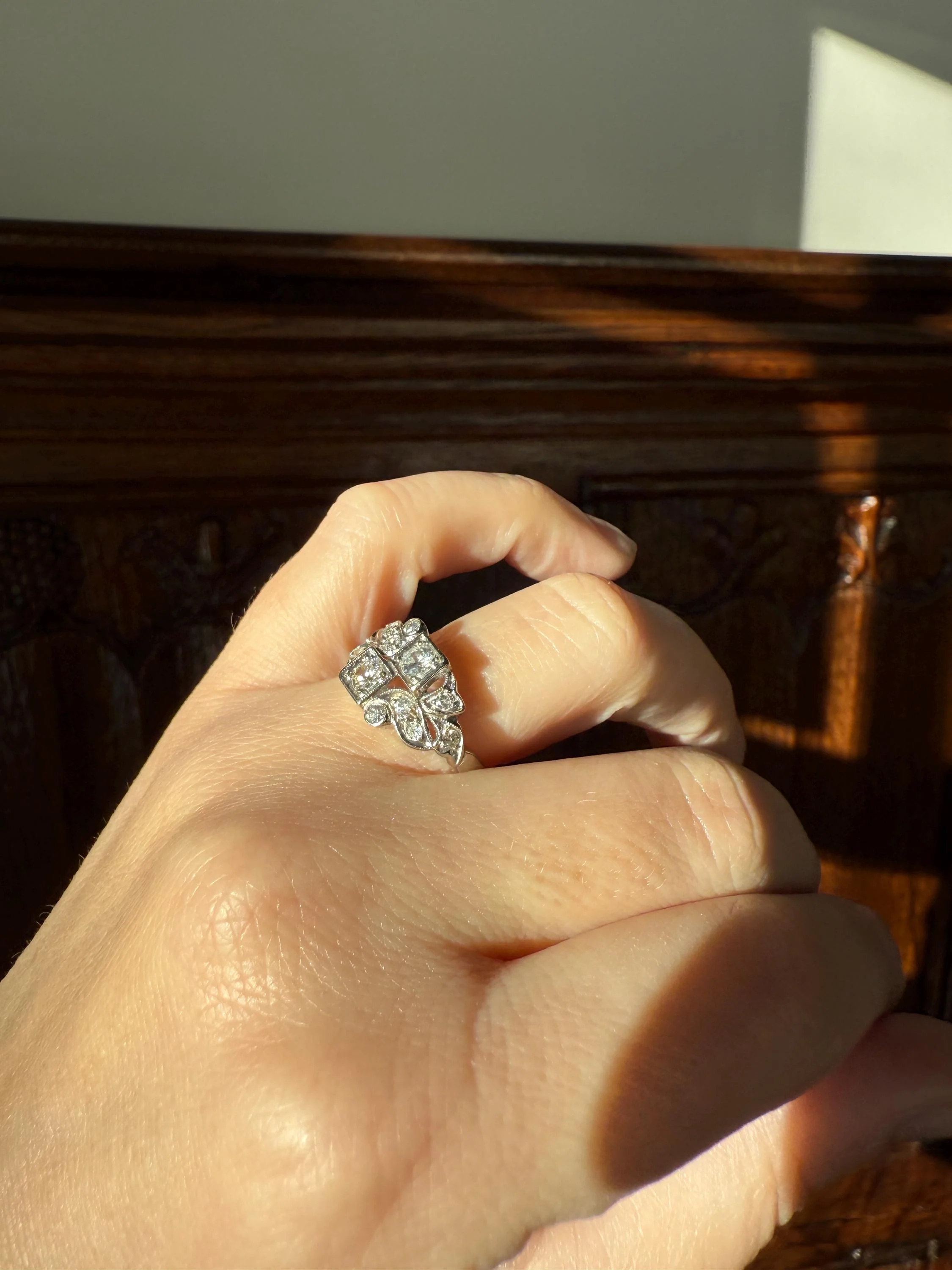 Unique Antique Asymmetrical Floral Ring Art Deco Transitional Old Single Cut Diamond 14k White Gold Swirled Square Bezel Double Band Stacker - Image 9
