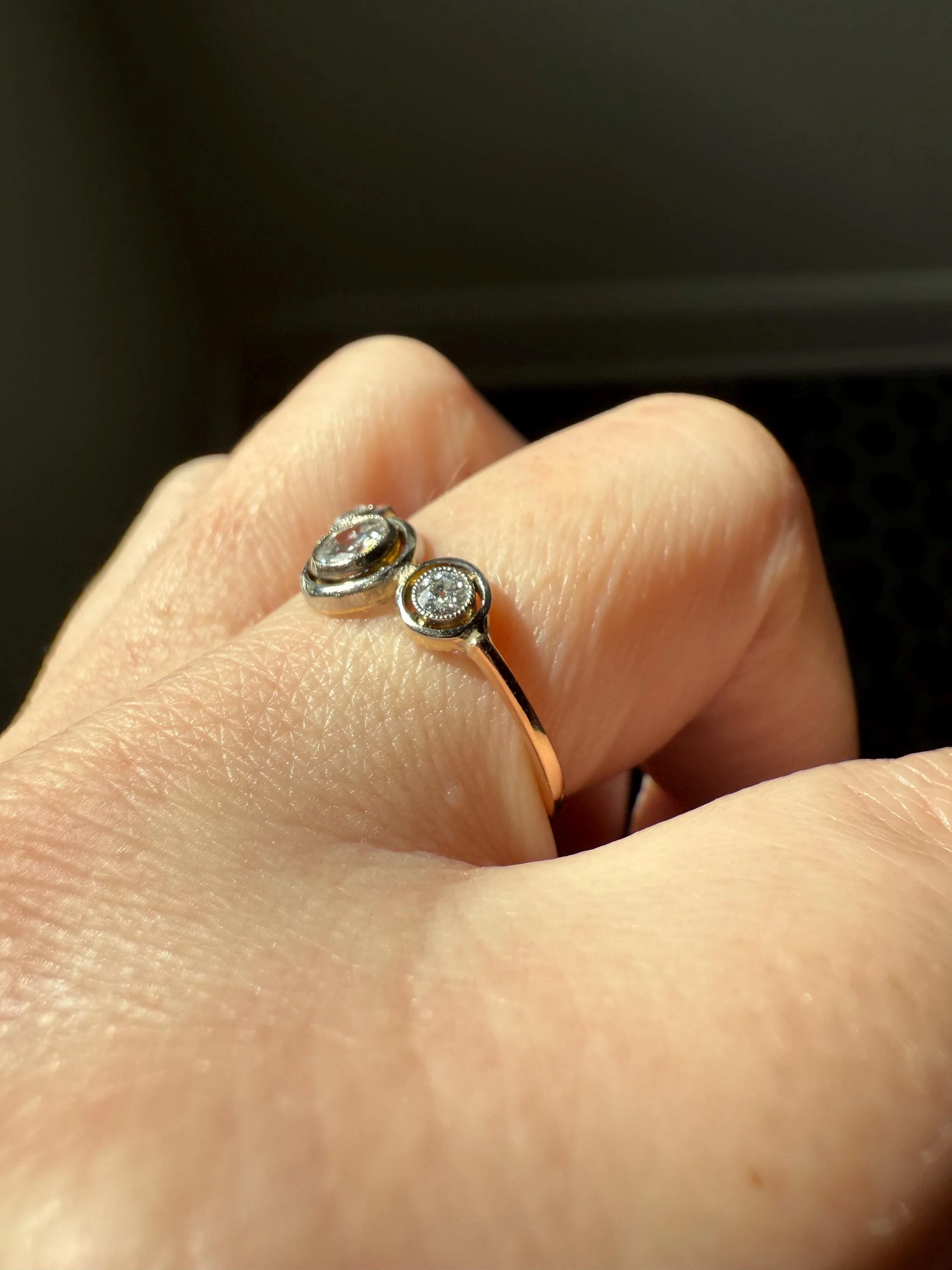 Unique Antique Crown Tiara Ring Bezel Set Three Stone Old Mine & European Cut Diamond Band with Halos 18k Gold Stacker Bullseye Target - Image 10