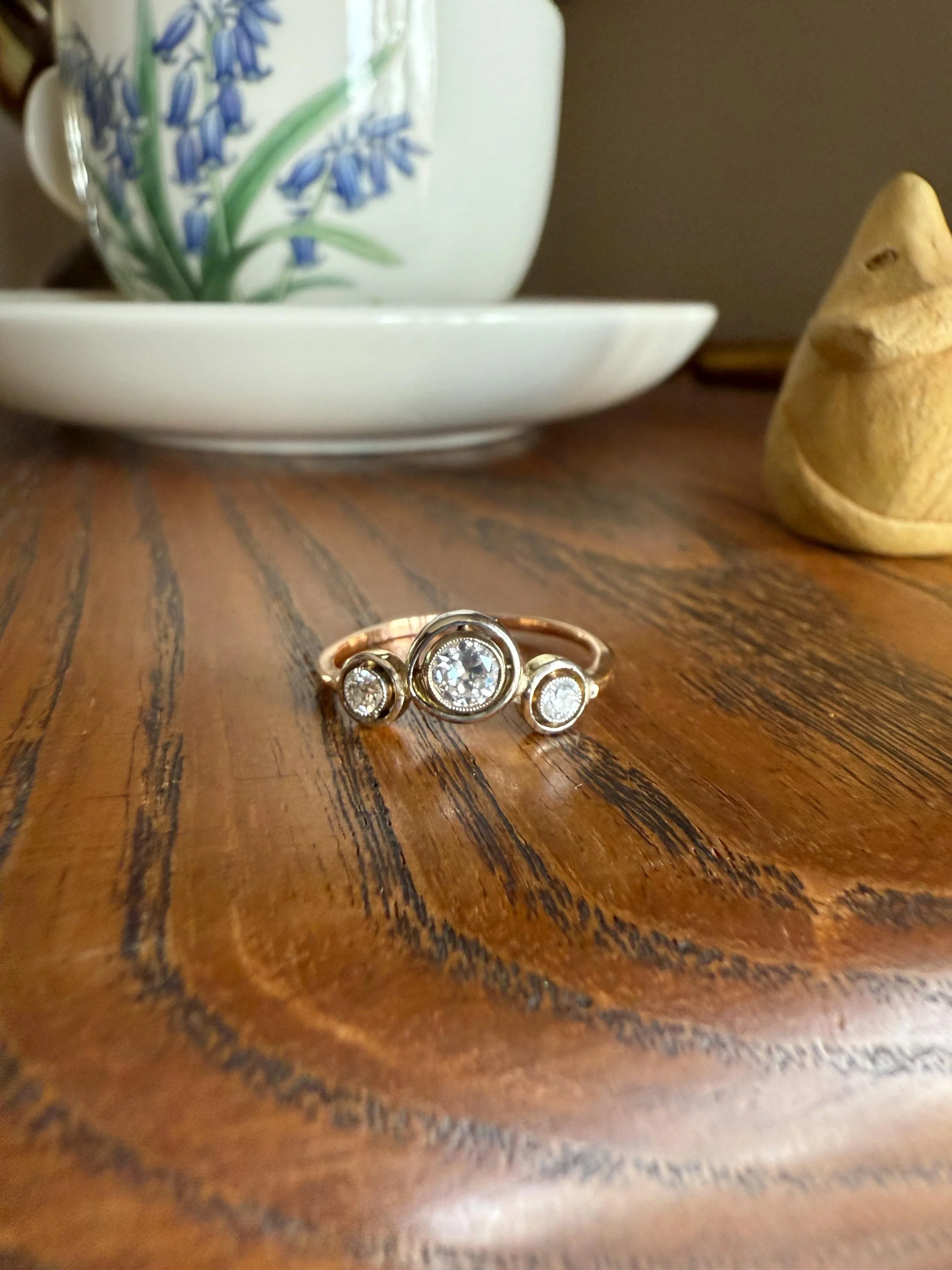 Unique Antique Crown Tiara Ring Bezel Set Three Stone Old Mine & European Cut Diamond Band with Halos 18k Gold Stacker Bullseye Target - Image 11