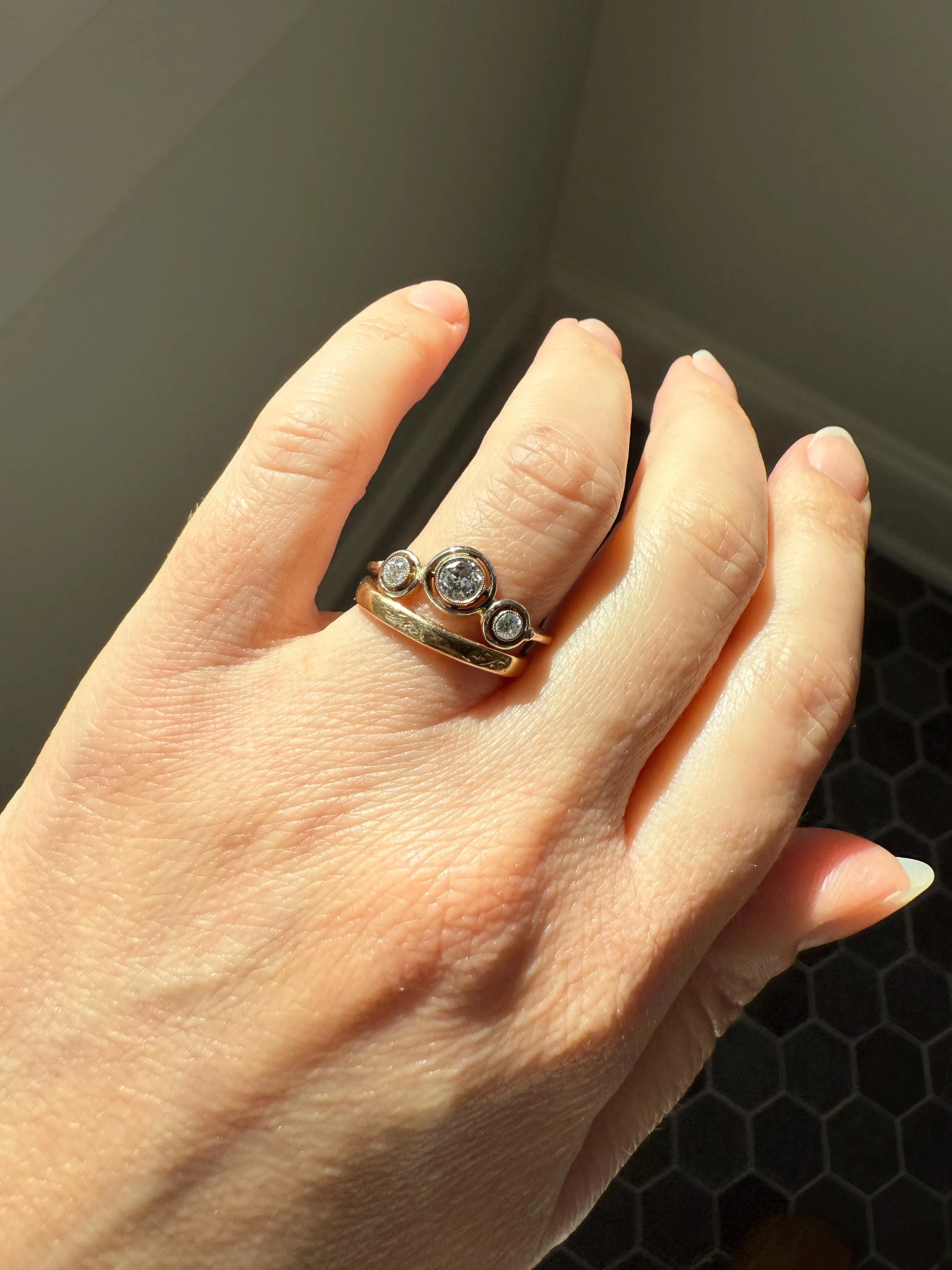Unique Antique Crown Tiara Ring Bezel Set Three Stone Old Mine & European Cut Diamond Band with Halos 18k Gold Stacker Bullseye Target - Image 12