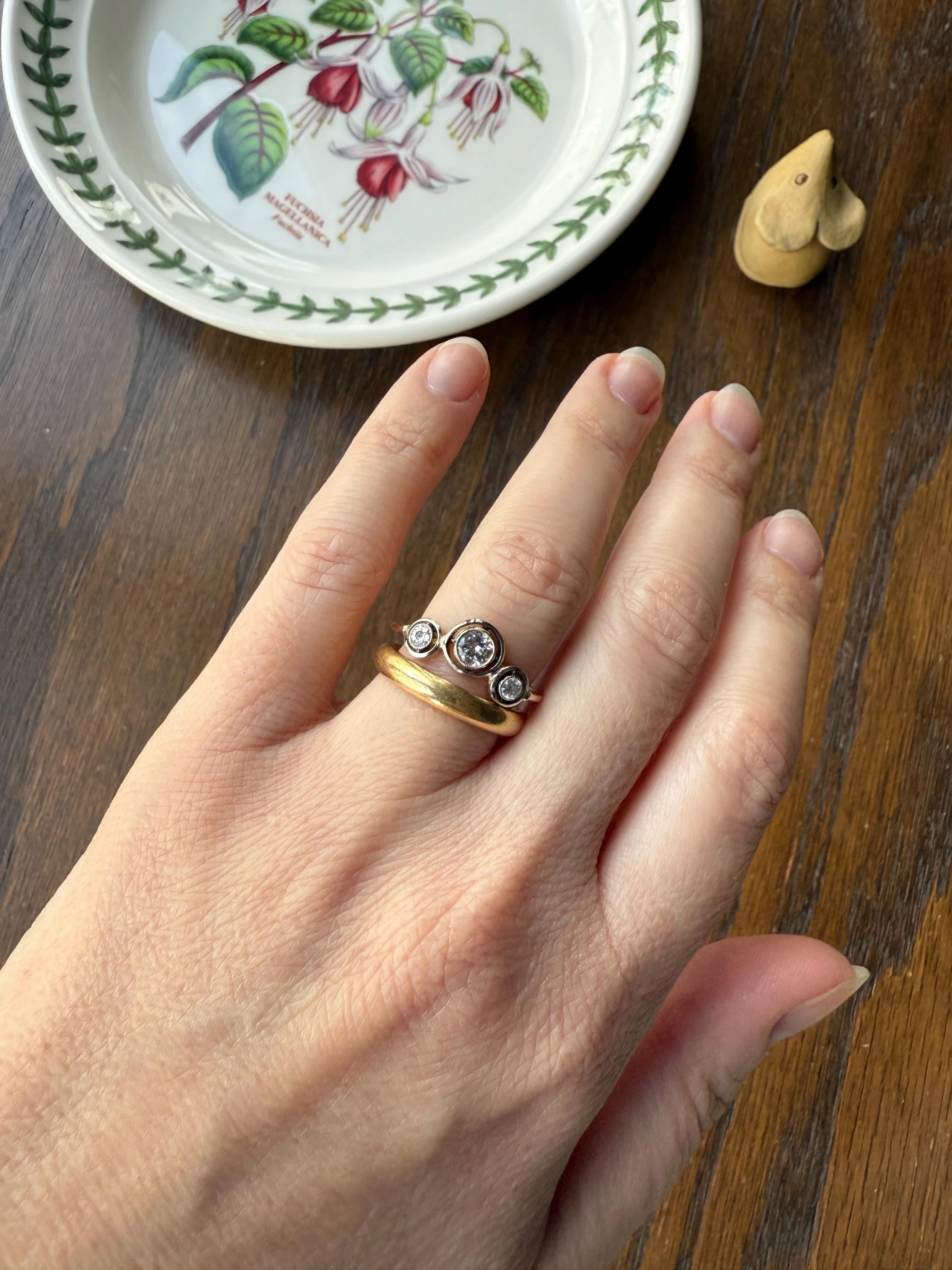Unique Antique Crown Tiara Ring Bezel Set Three Stone Old Mine & European Cut Diamond Band with Halos 18k Gold Stacker Bullseye Target - Image 15