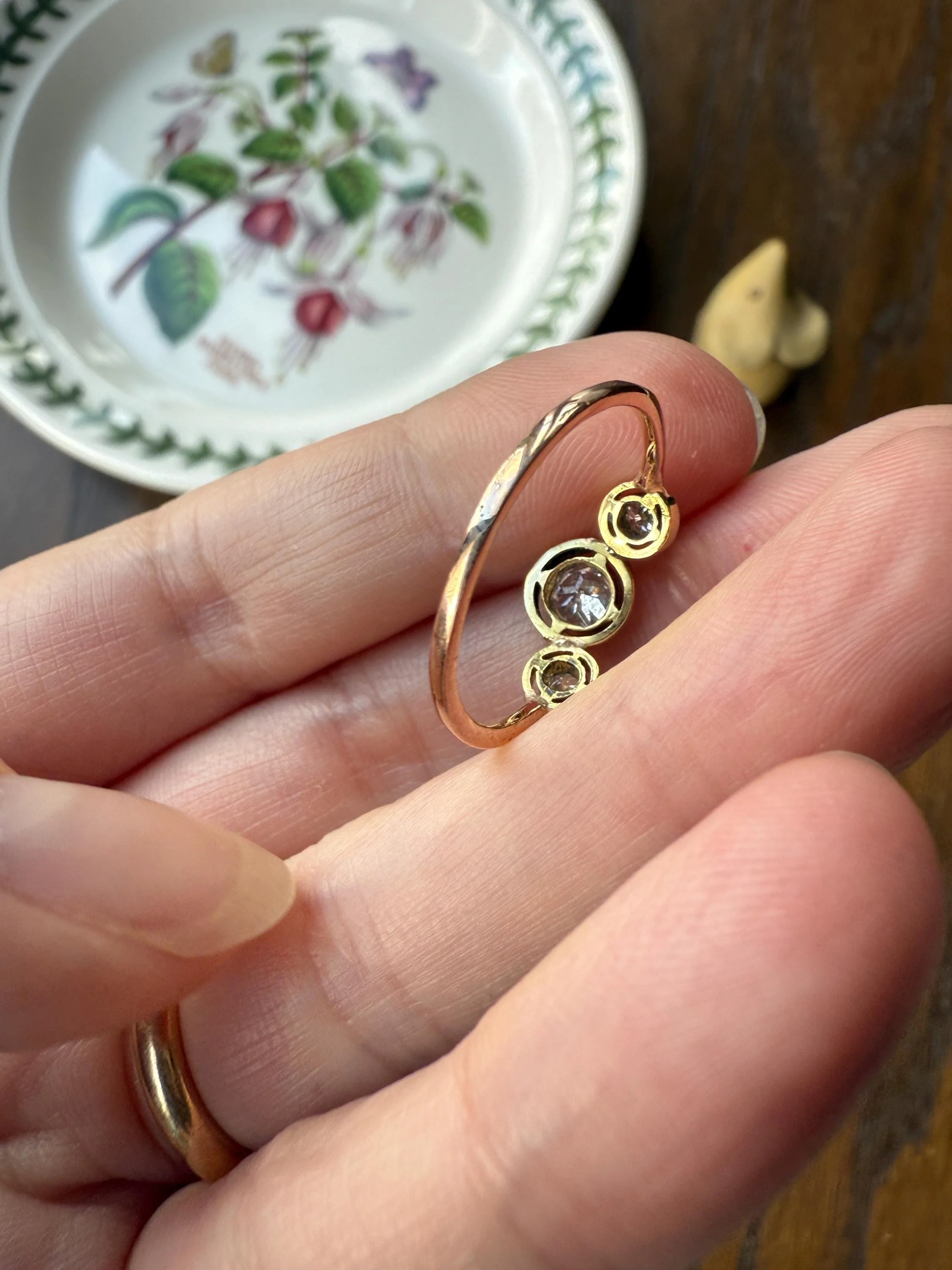 Unique Antique Crown Tiara Ring Bezel Set Three Stone Old Mine & European Cut Diamond Band with Halos 18k Gold Stacker Bullseye Target - Image 18